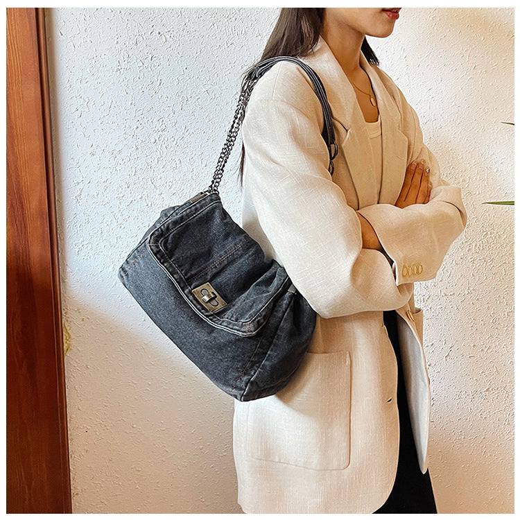 Women's Vintage Denim Tote Bag – Casual Chain Strap Shoulder Bag with Spacious Compartment Retro Commuter Essentials