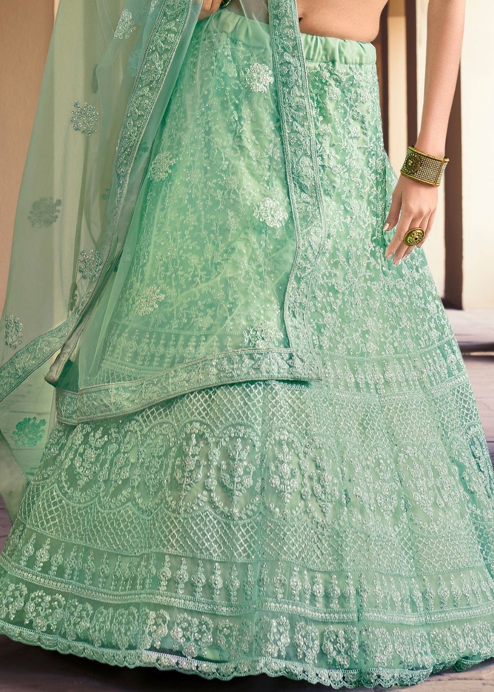 Parakeet Green Soft Net Lehenga Choli with Sequins & Dori work | Ready To Wear - qivii