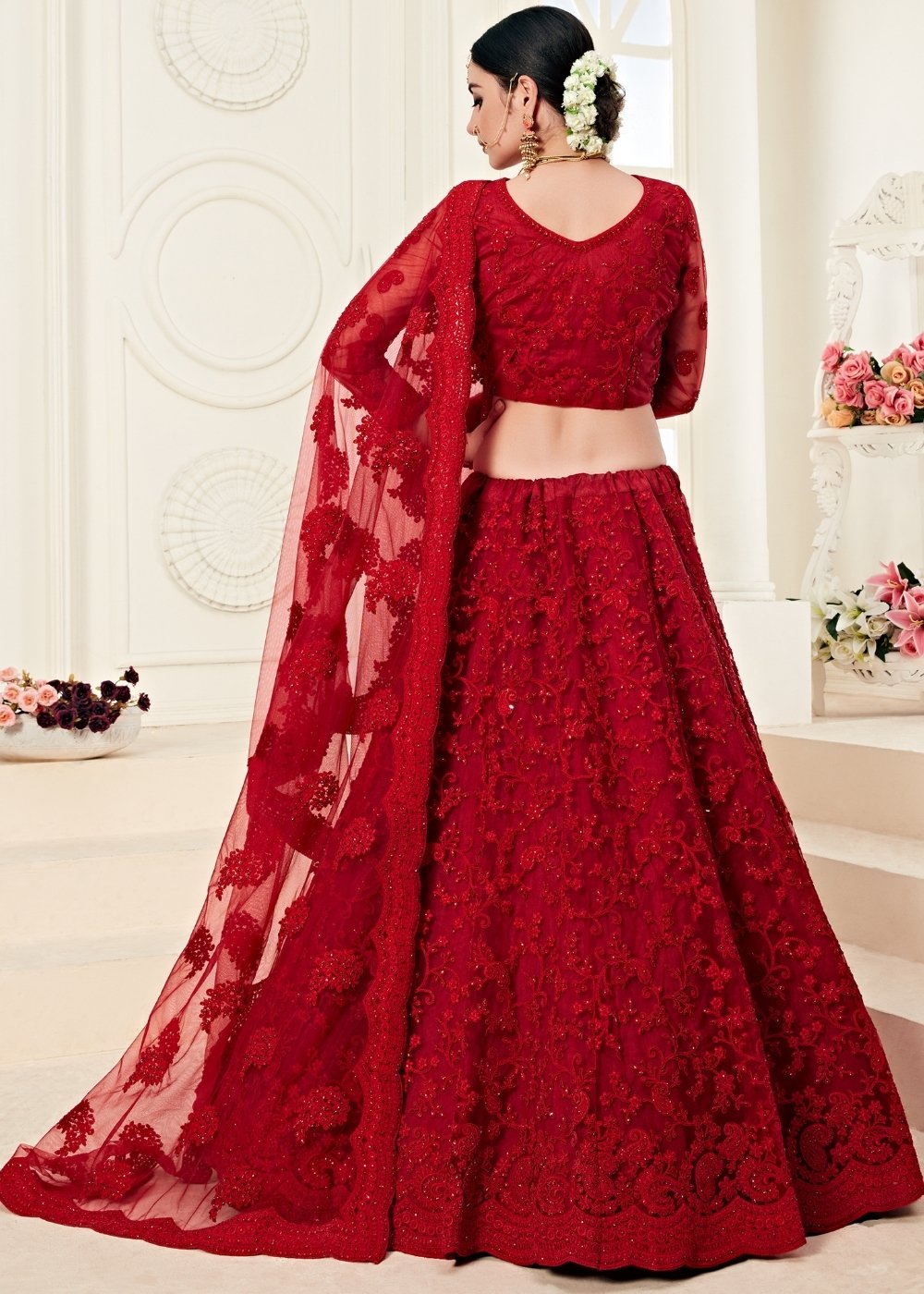 Scarlet Red Soft Net Lehenga Choli with Cording Embroidery & Stonework | Ready To Wear - qivii