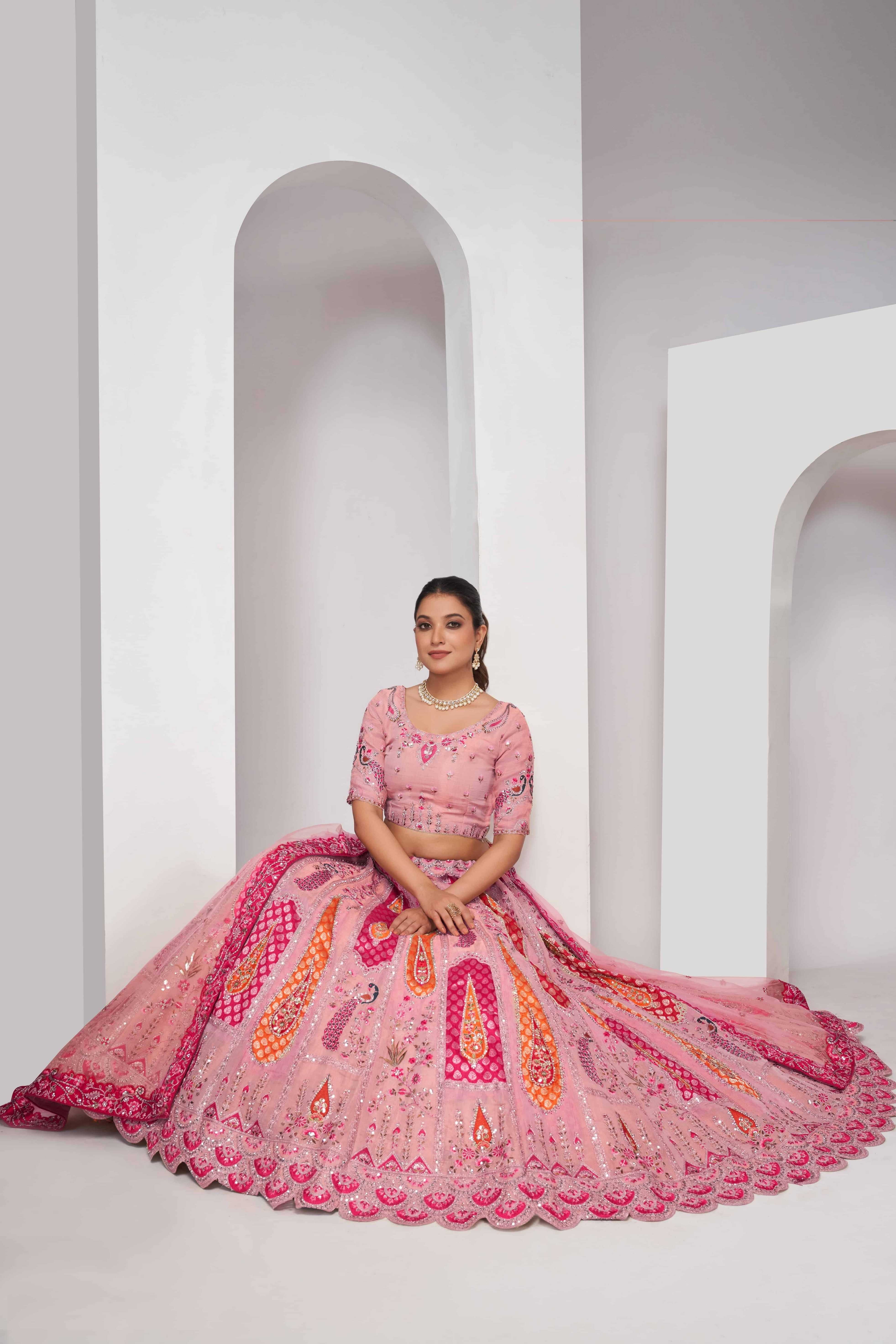 Elegant Rose Pink Silk Lehenga Choli with Peacock & Paisley Motifs - qivii