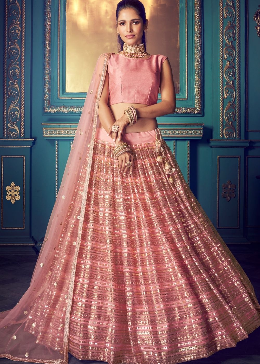 Rose Pink Designer Soft Net Lehenga Choli with Sequin and Thread work | Ready To Wear - qivii