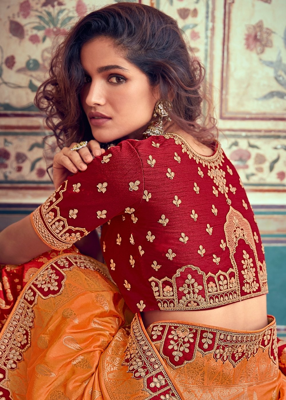 Tangerine Orange & Red Banarasi Silk Lehenga Choli with Khatli work Embroidery | Ready To Wear - qivii