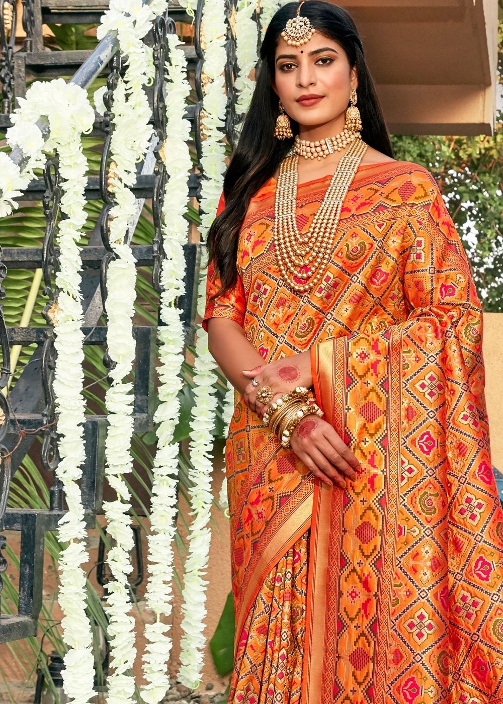 Tangerine Orange Woven Patola Silk Saree - qivii