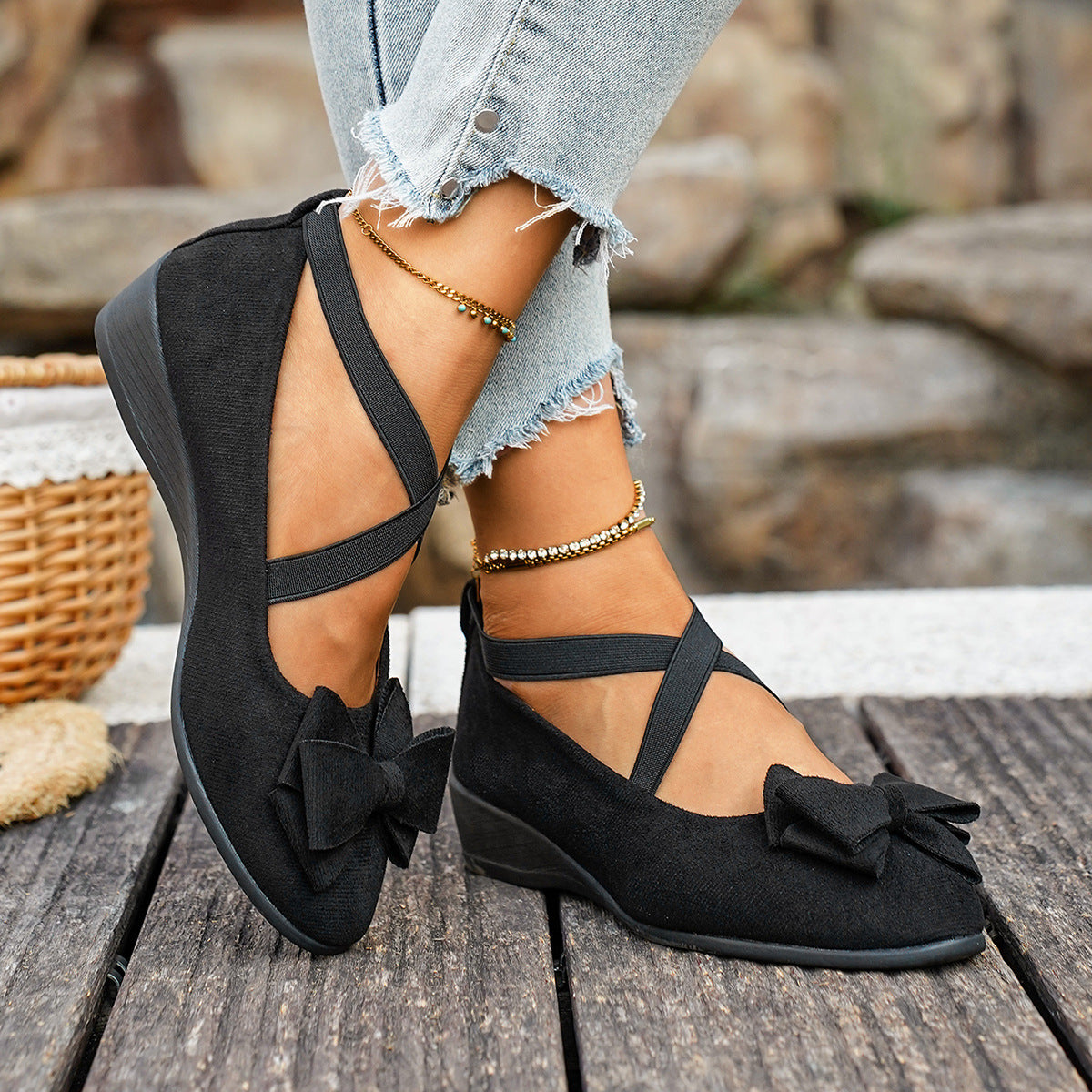 Women’s Elara Bow Suede Wedge Loafers – Elastic Cross-Strap Comfort Slip-Ons (US 5–10.5)