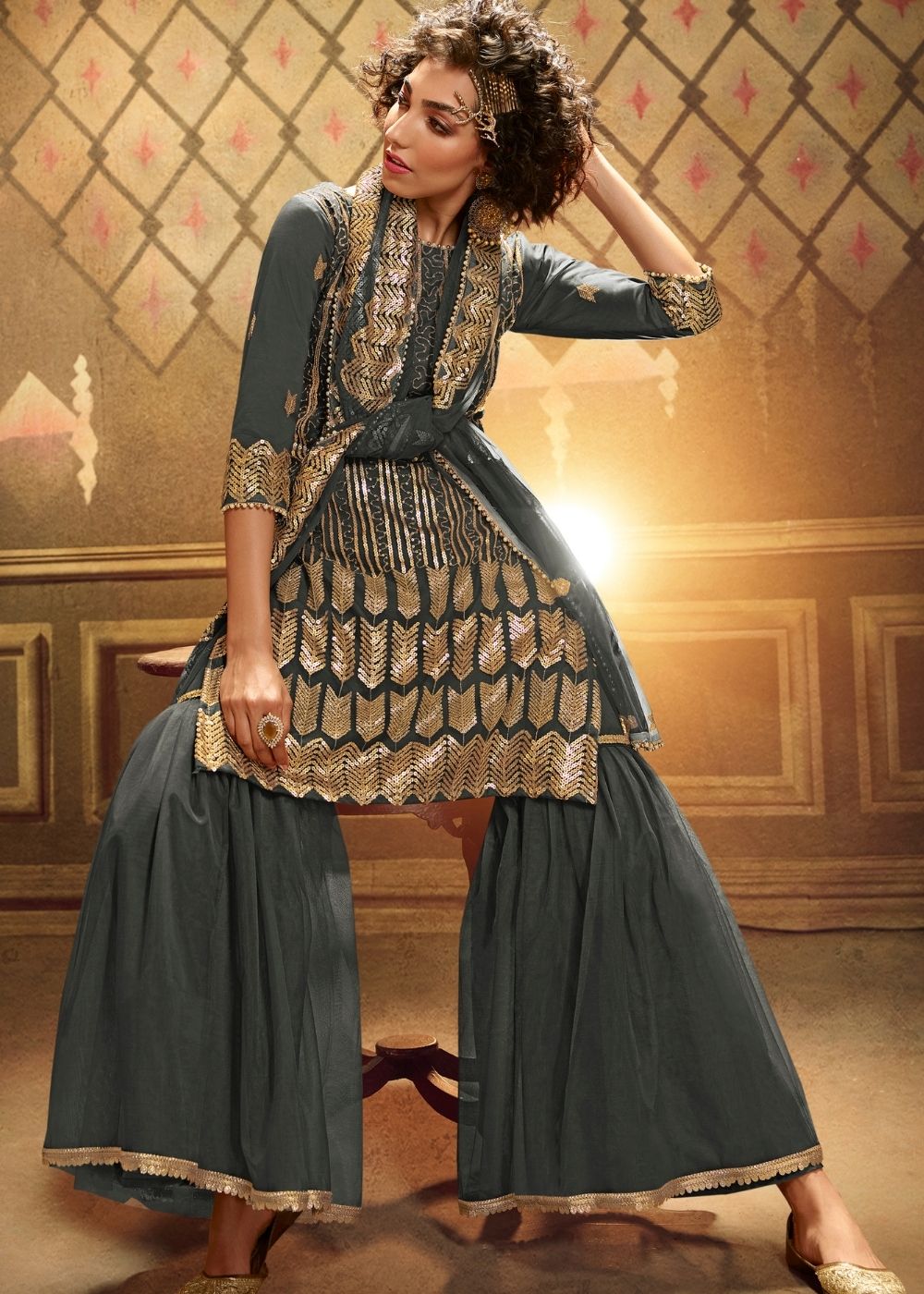 Anchor Grey Designer Soft Net Sharara Suit with overall Sequins work - qivii