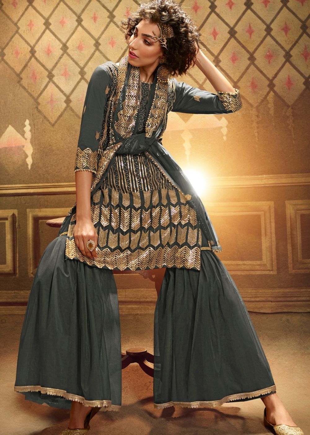 Anchor Grey Designer Soft Net Sharara Suit with overall Sequins work By Qivii