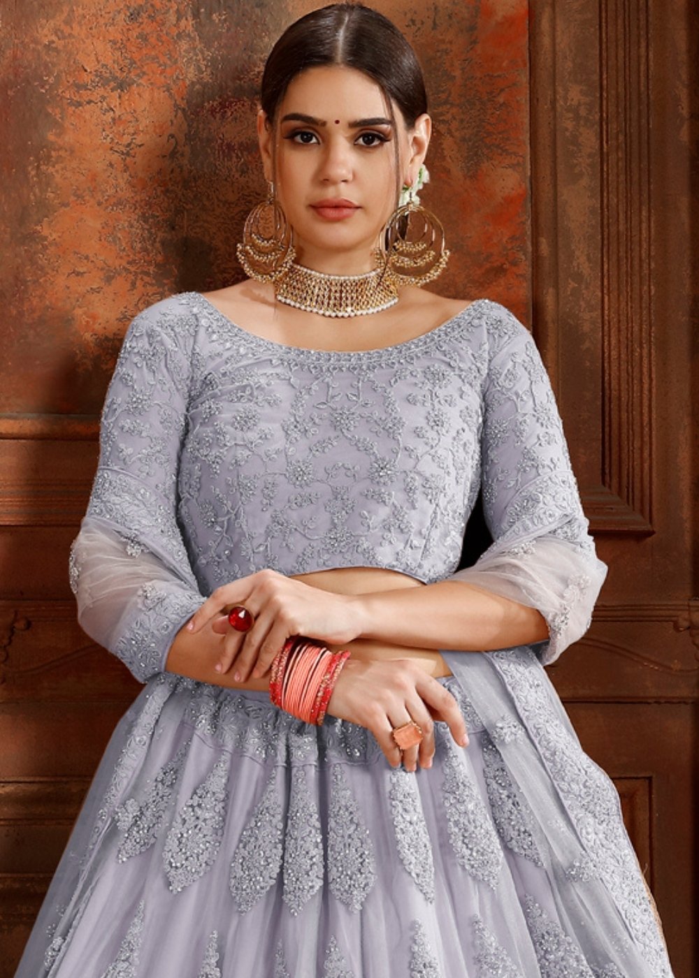Silver Grey Soft Net Lehenga Choli with Thread, Zarkan & Pearl work | Ready To Wear - qivii
