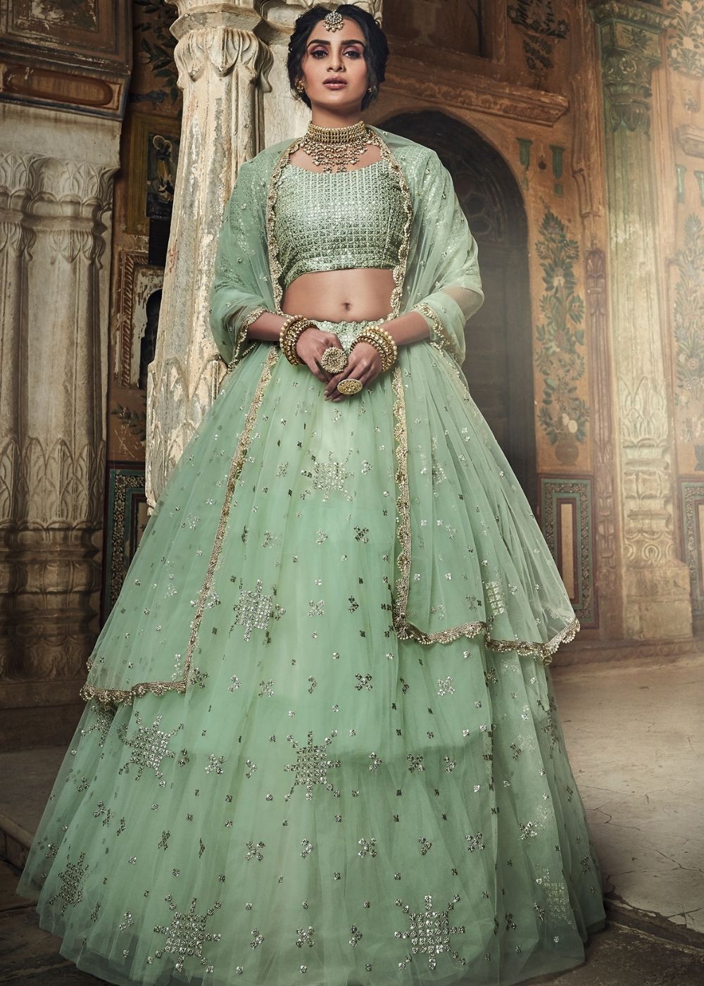 Sea Green Soft Net Lehenga with Sequins & Zari work | Ready To Wear - qivii