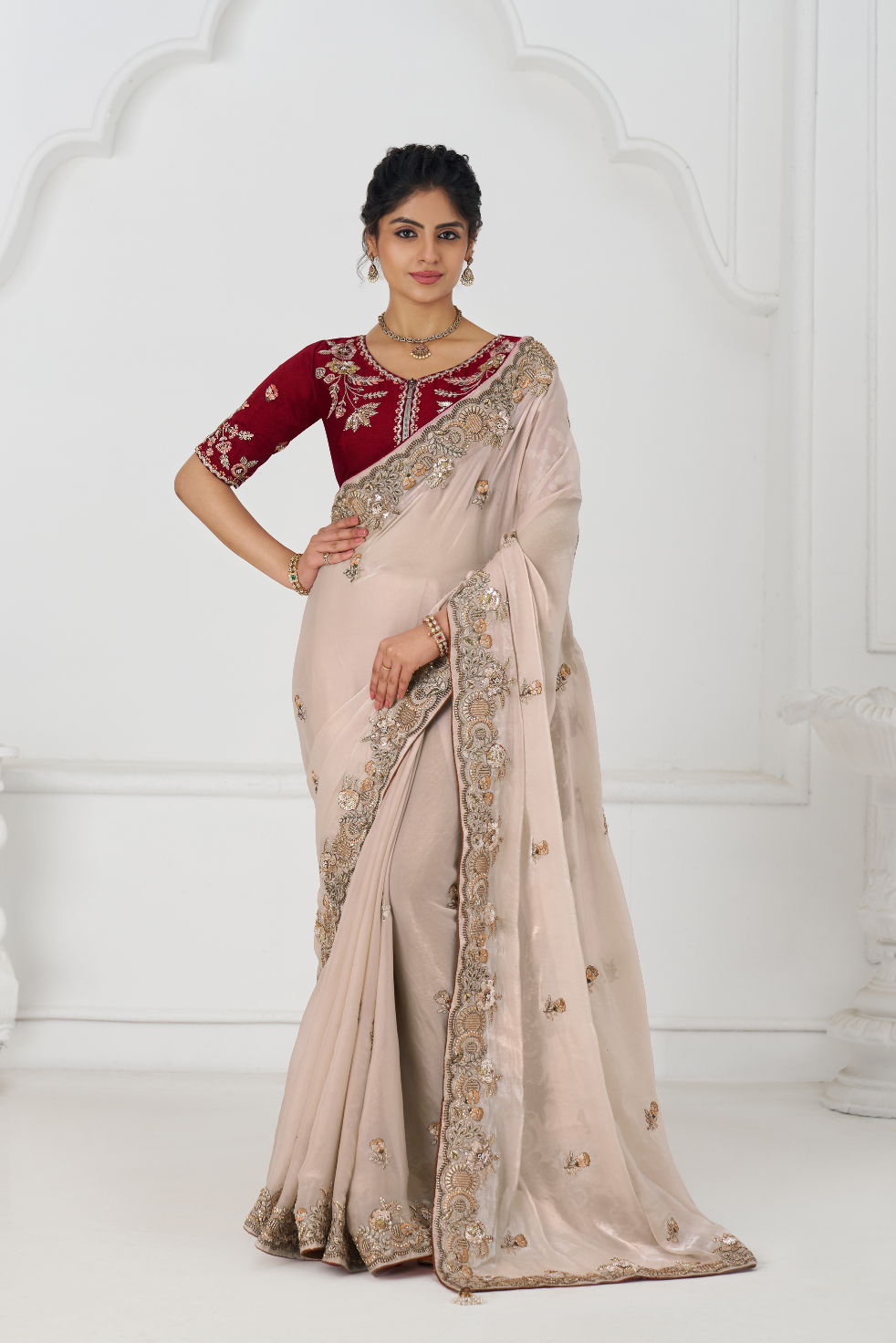 Chiku Color Stunning Fendi Silk Saree With Zari & Sequins Elegance - qivii