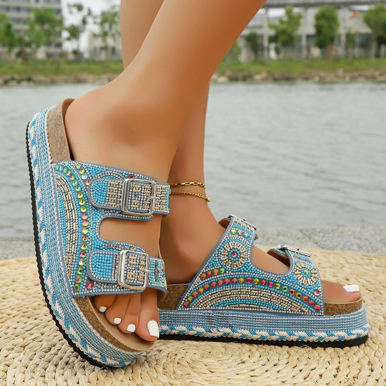 Women’s Calyra Rhinestone Platform Slide Sandals – Boho Metallic Buckle Rope Detail Resort Slides (US 5–10.5)