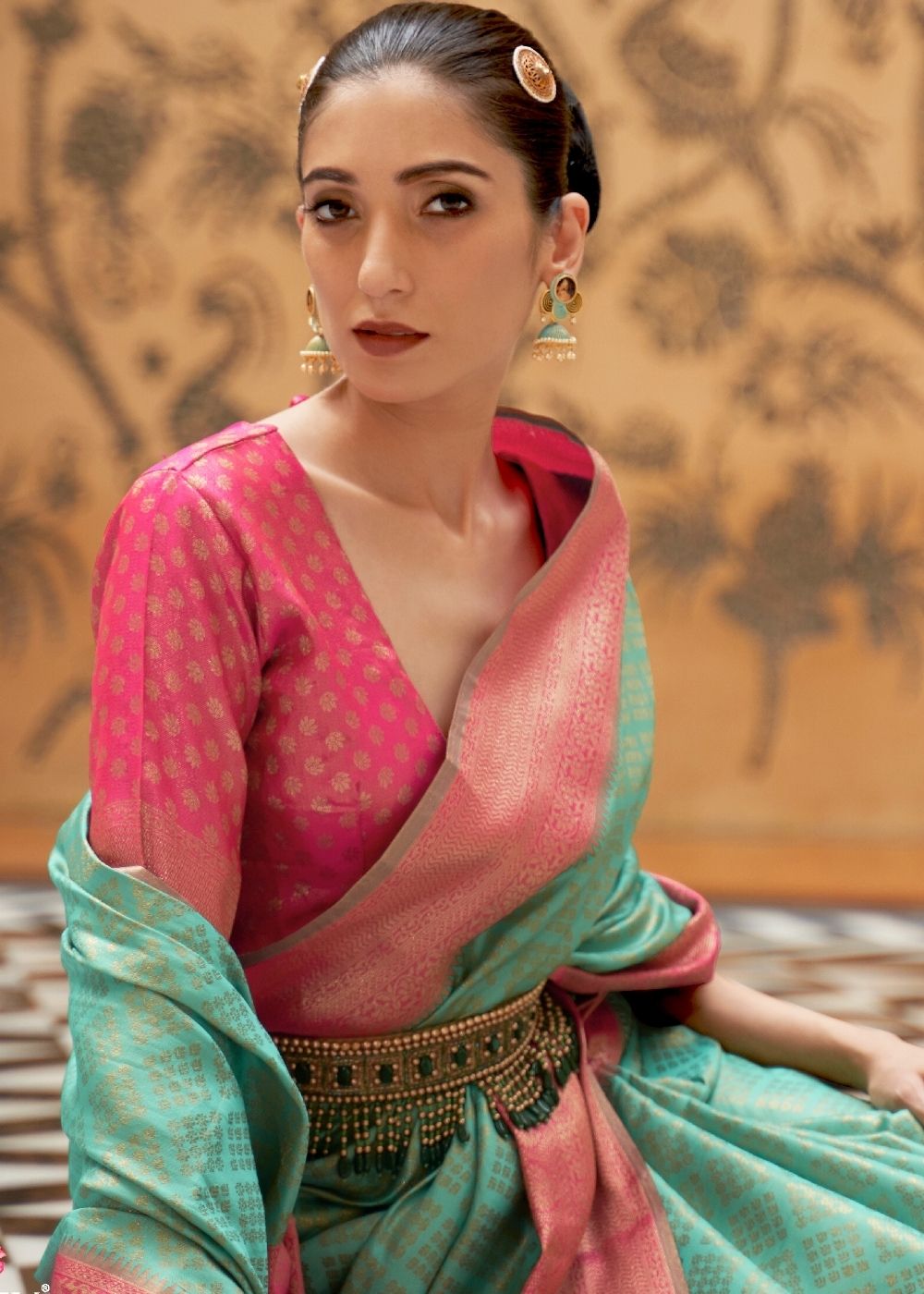 Caribbean Green Zari Woven Kanjivaram Silk Saree - qivii