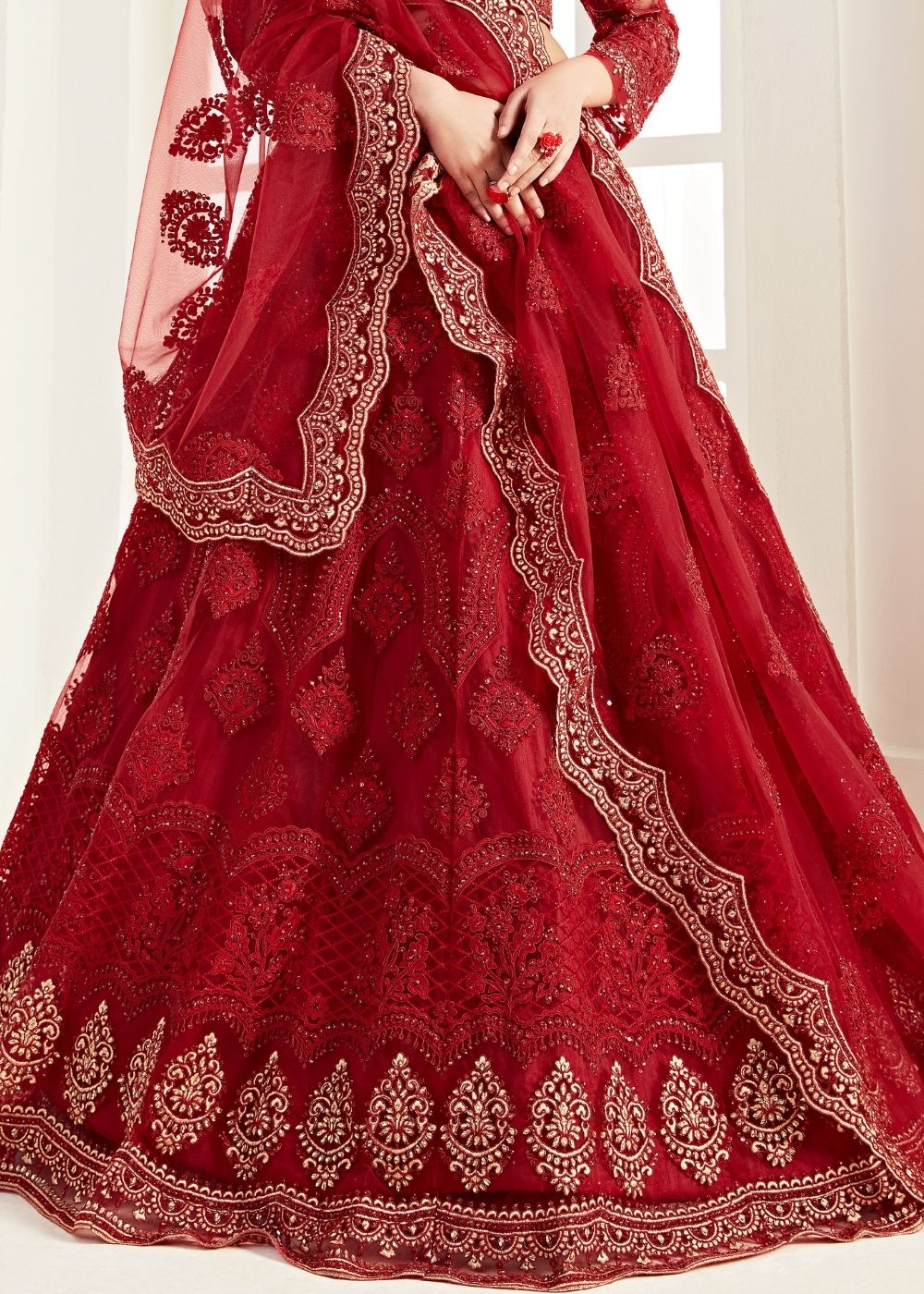 Apple Red Soft Net Lehenga Choli with Coding, Thread, Stonework & Zari Embroidery | Ready To Wear - qivii