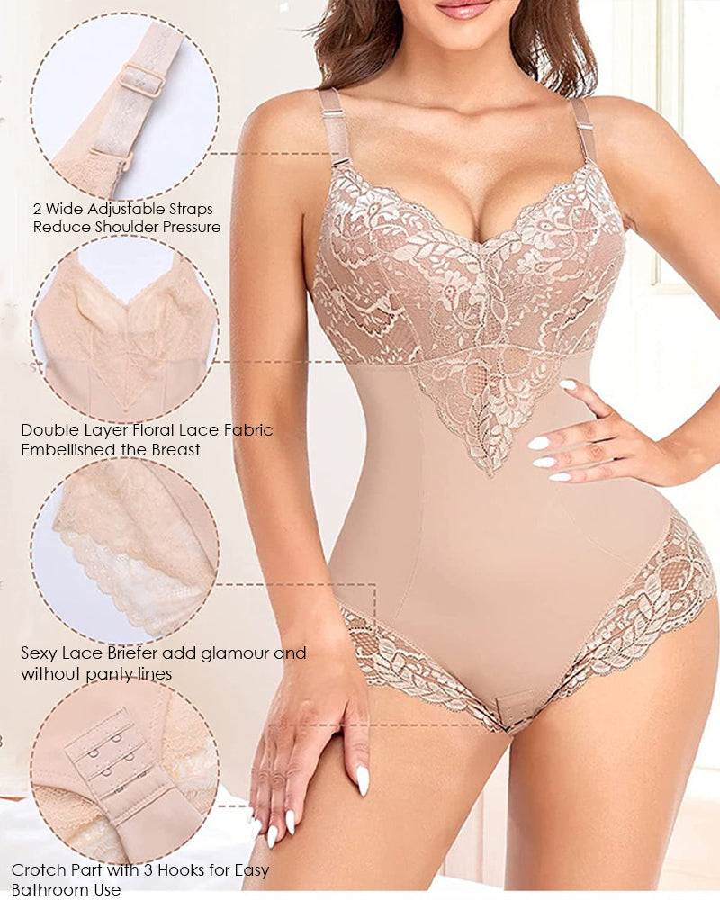 Lace V neck Tummy Control Sculpting Full Body Shapewear Bodysuit - By Qivii