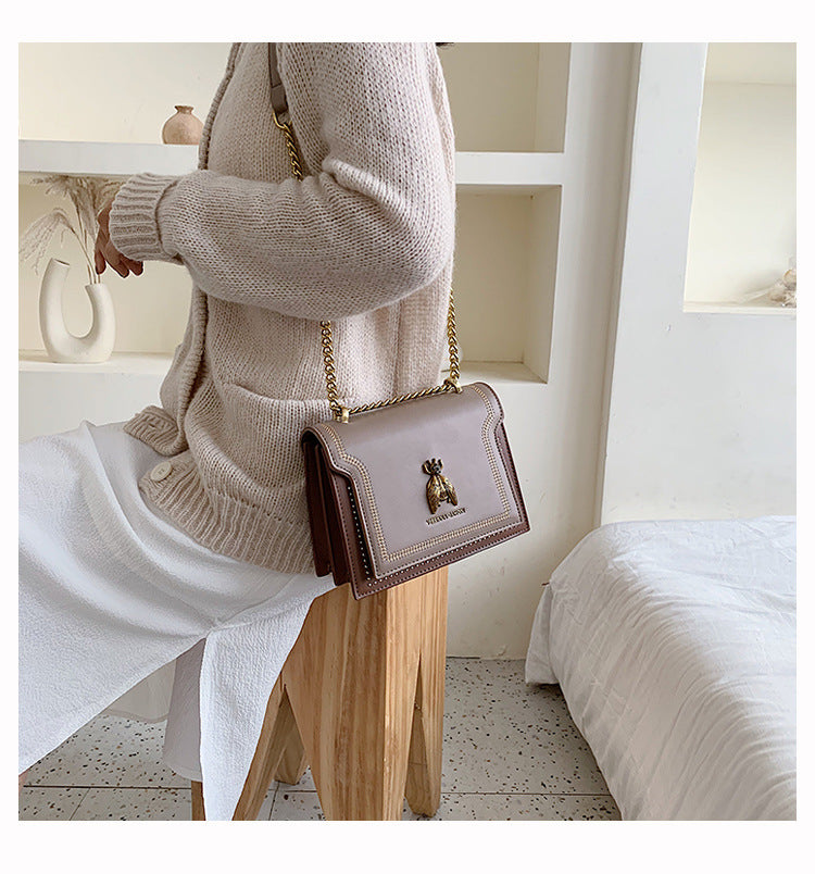 Women's Artisan-Crafted Distressed Crossbody Bag Small Box Purse with Stitched Rivets & Antique Gold Chain | Y2K Grunge Revival