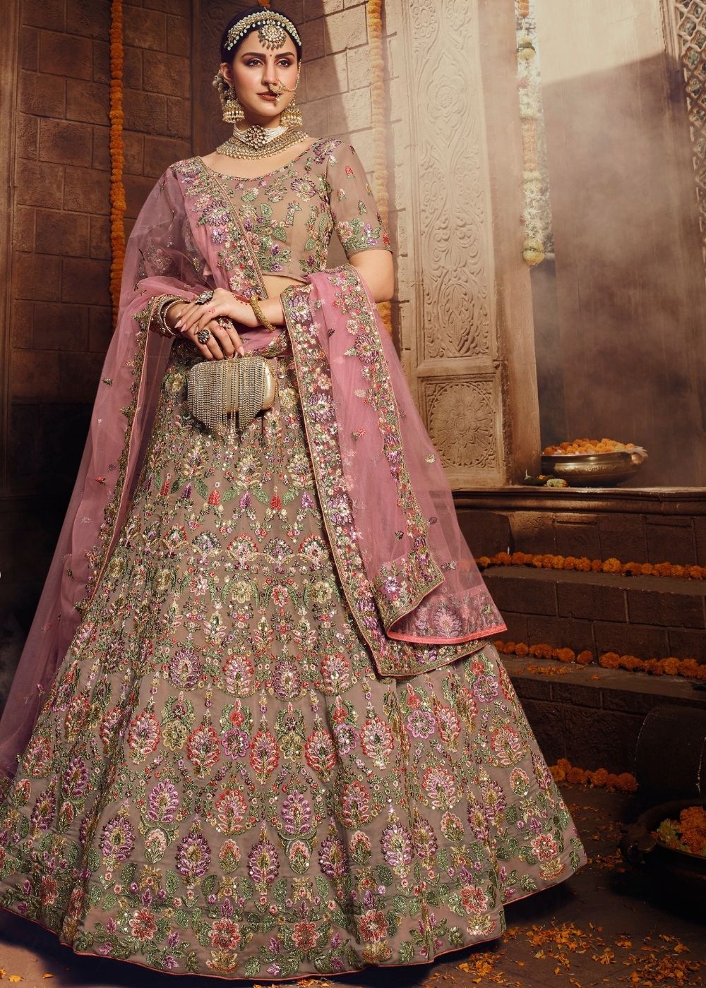 Light Brown Georgette Bridal Lehenga Choli with Resham and Jari Embroidery (Pre-Order) : Top Pick | Ready To Wear - qivii