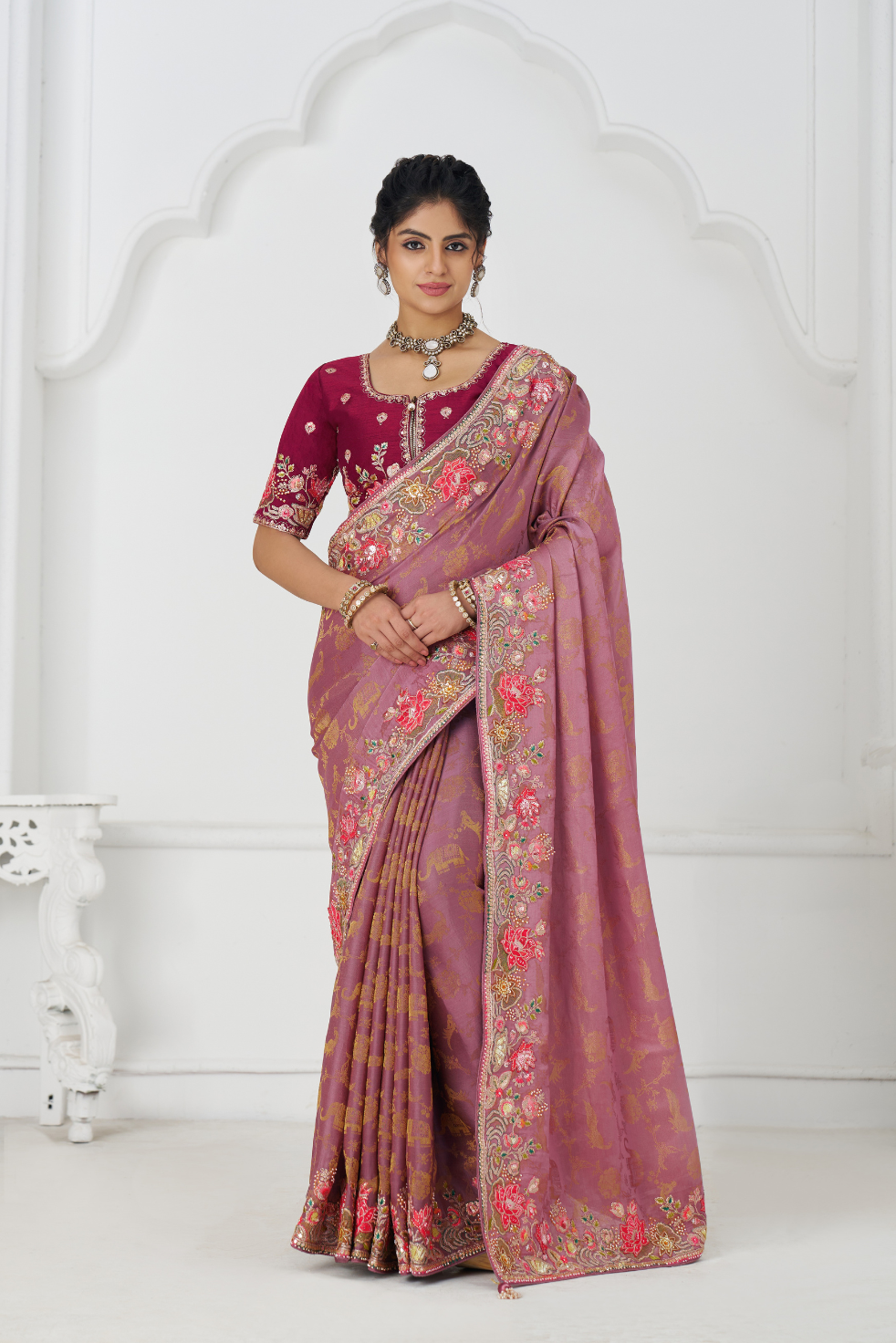 Blushing Mauve: Multi-Thread Embroidered Saree with Floral Elegance - qivii