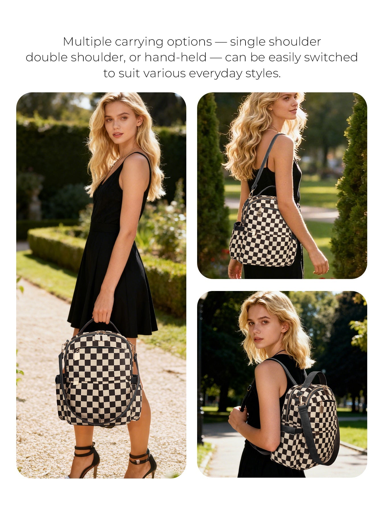 Ounamei Checkered Backpack Purse for Women | Anti-Theft Travel & Work Bag with Matching Pouch