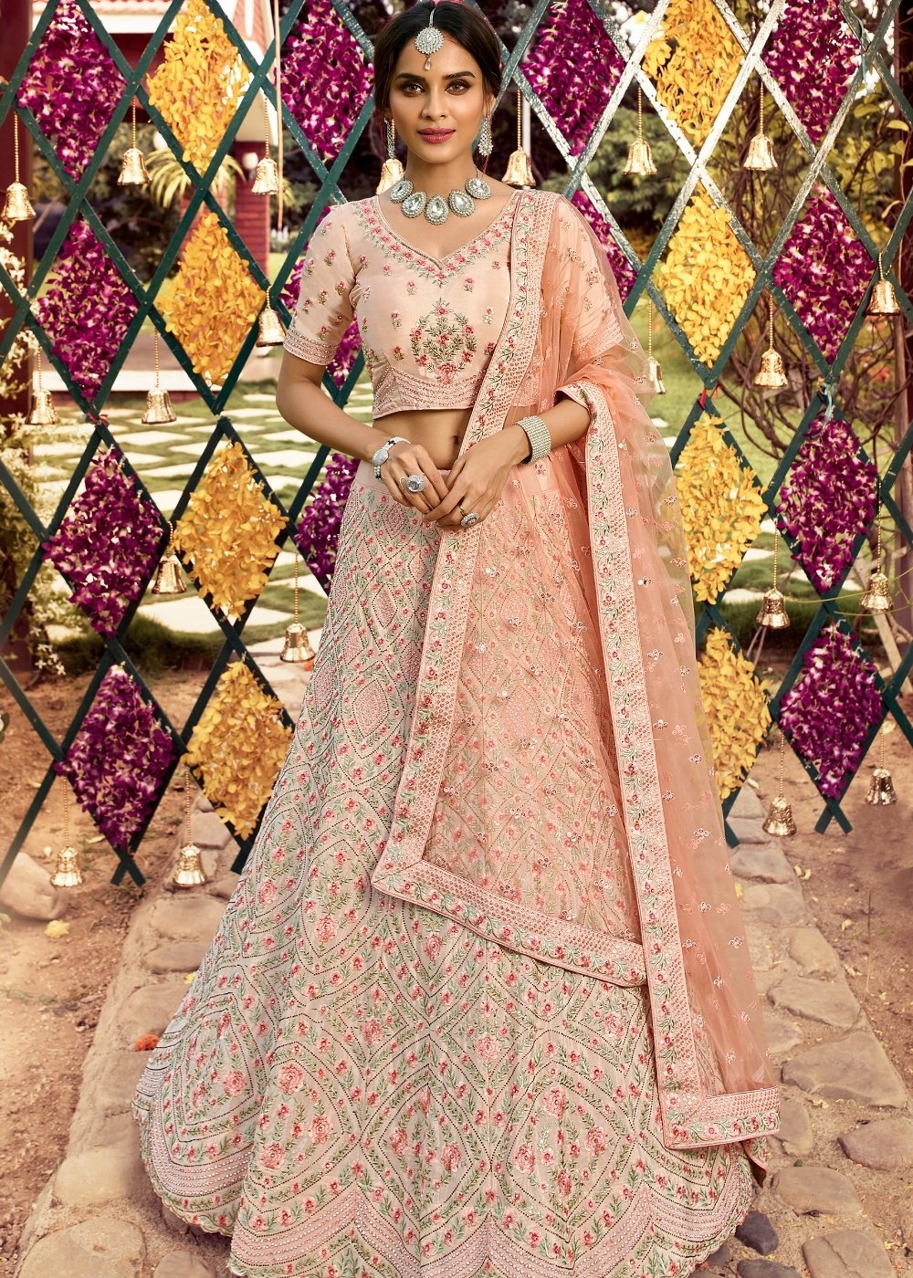 Pastel Peach Pink Crepe Lehenga Choli with Resham, Swarvoski, Zarkan & Zari work | Ready To Wear - qivii