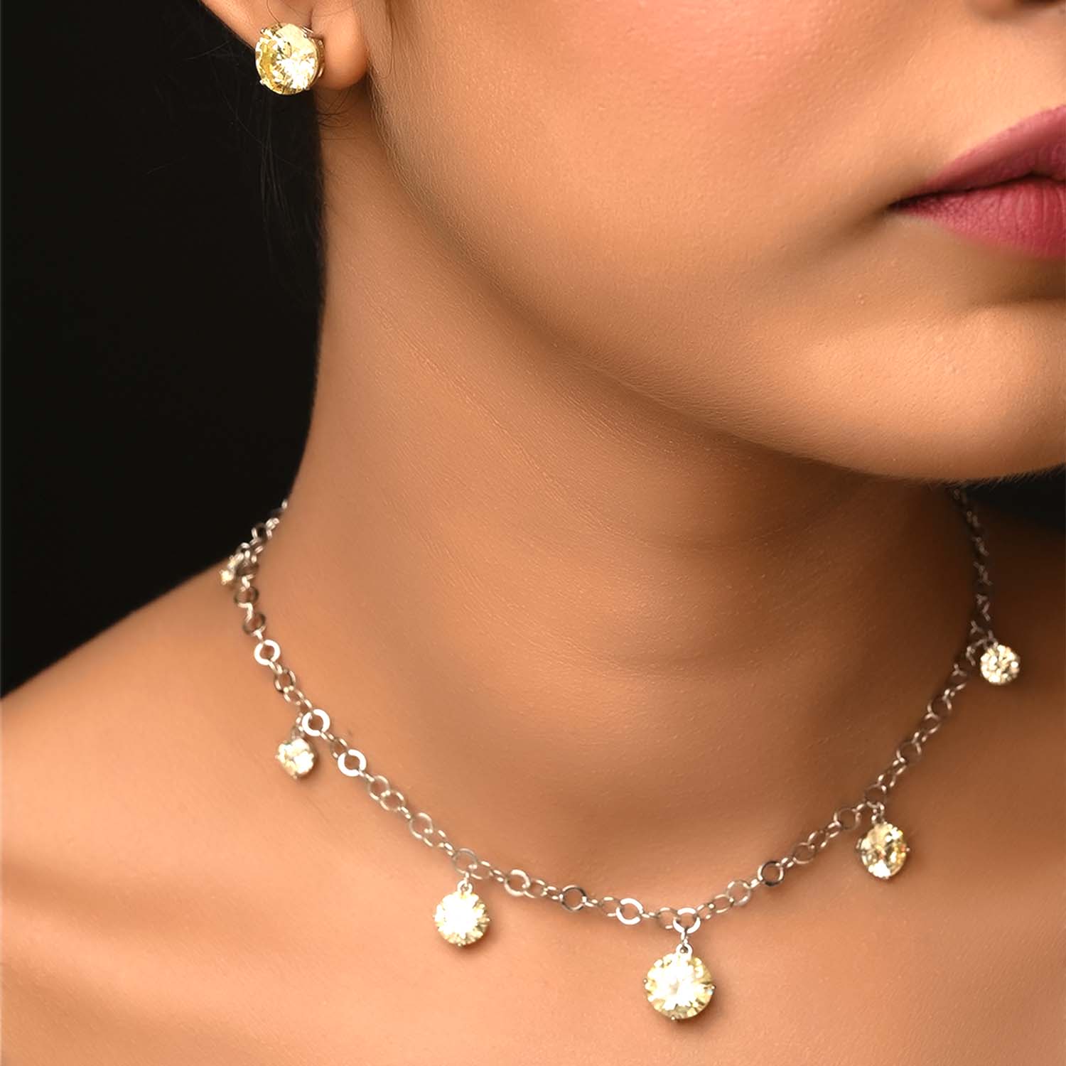 Grace Golden Silver Plated Diamonds Neck Piece With Earrings - qivii