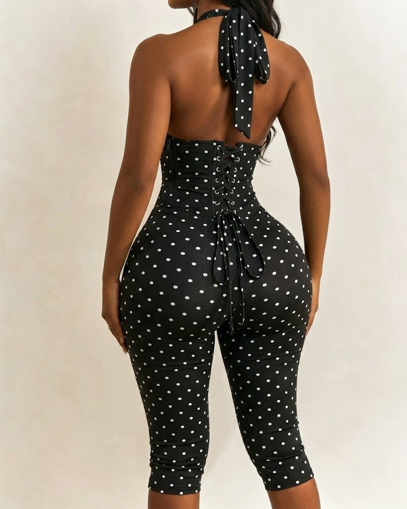 Hourglass Figure Body Shaper Waist Cincher Polka Dot Capri Jumpsuit Two-Piece Set - By Qivii