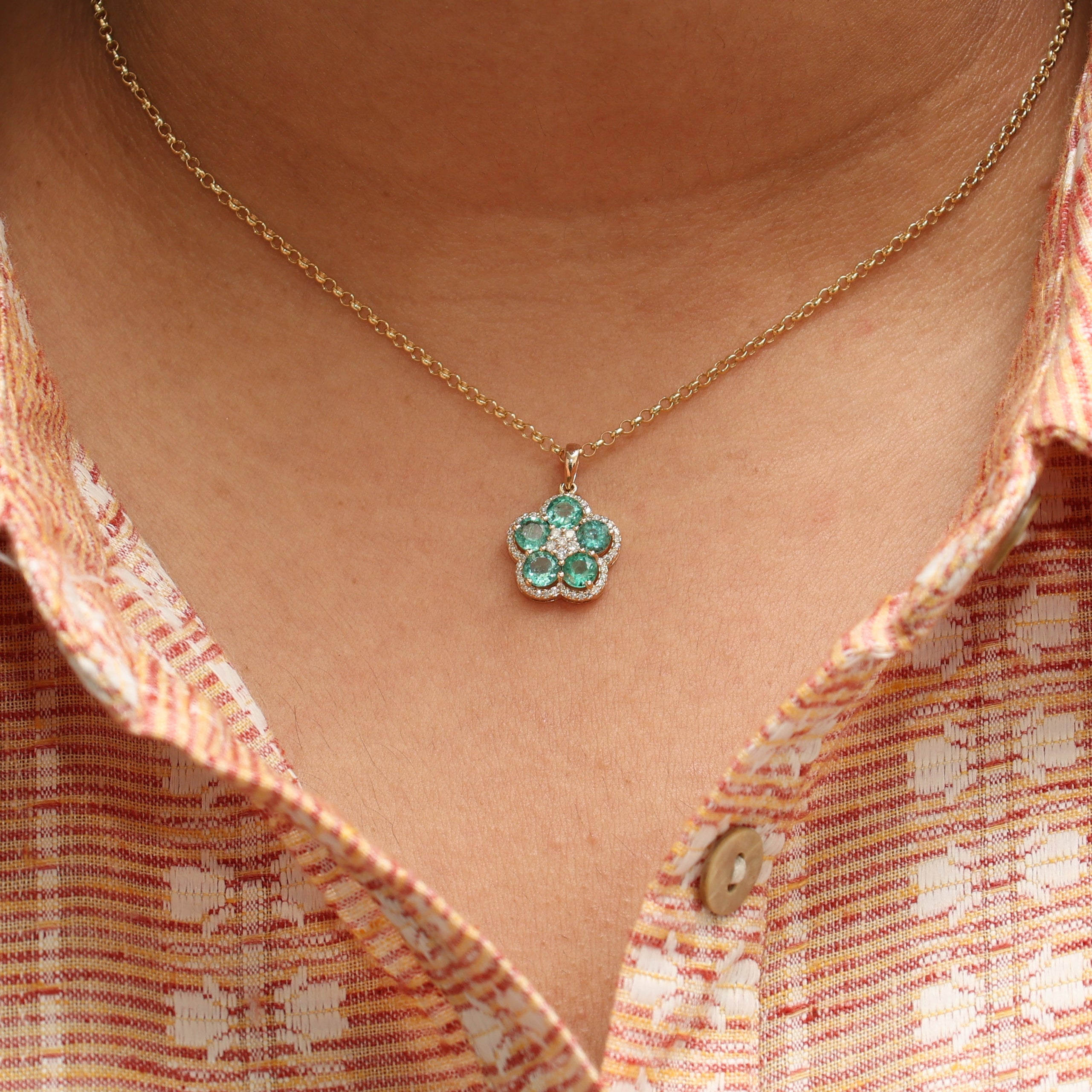 Emerald Round and Diamond Floral Pendant - qivii