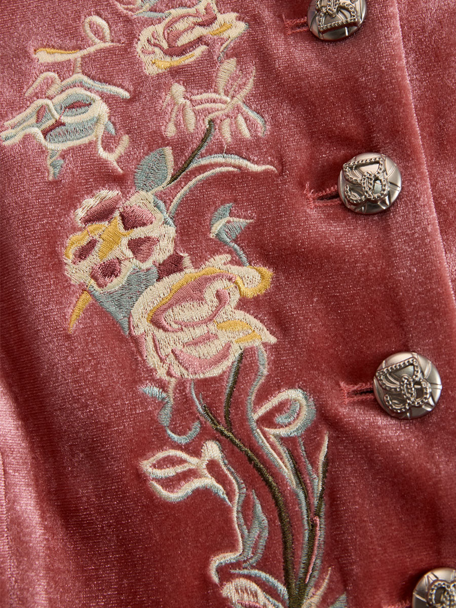 Western-style Stand-up Collar Single-breasted Floral Embroidered Velvet Jacket