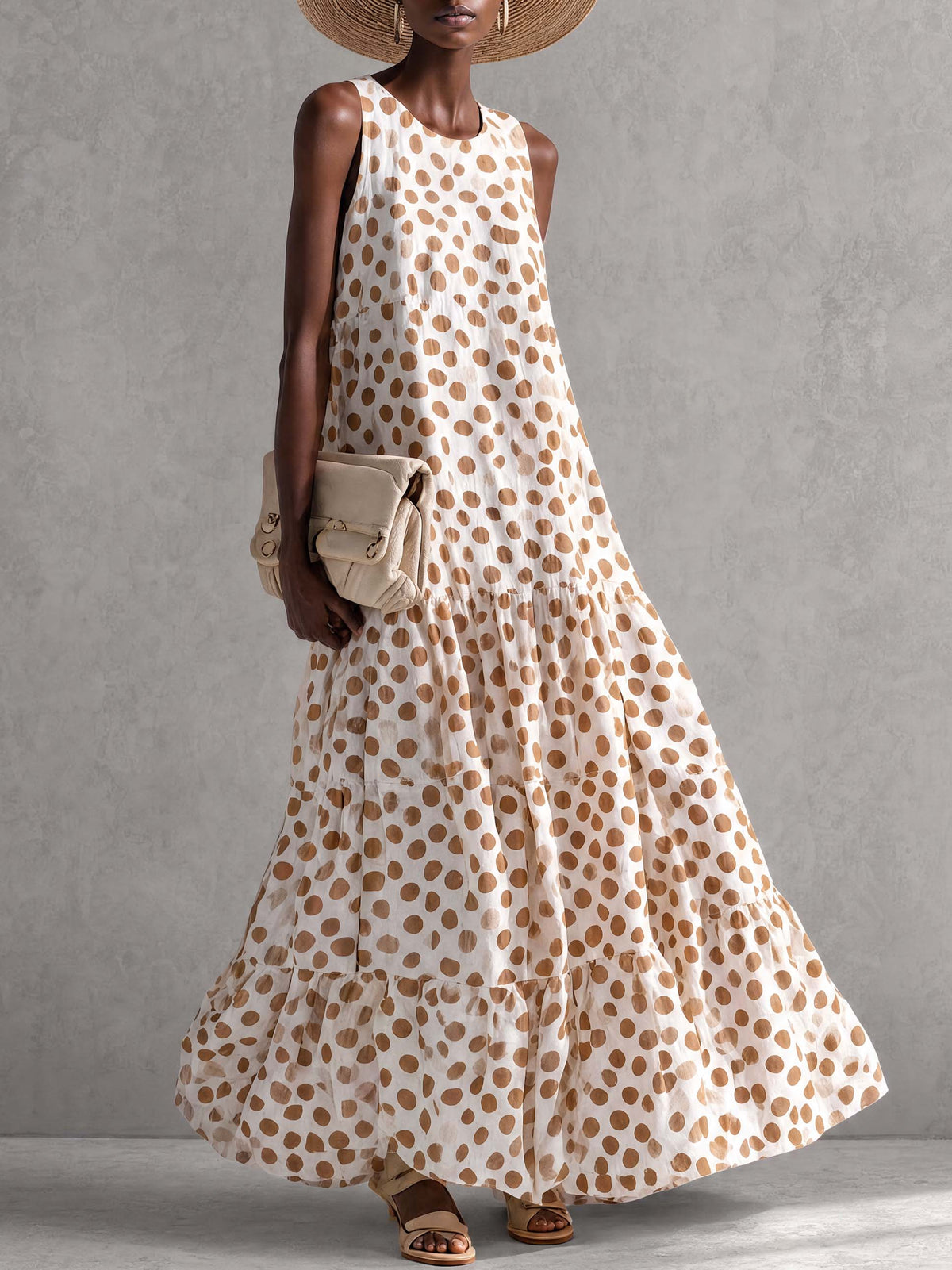 Fashionable Sophisticated Elegant Round Neck Sleeveless Polka Dot Printed Off-white Chiffon Vacation Maxi Dress - By Qivii