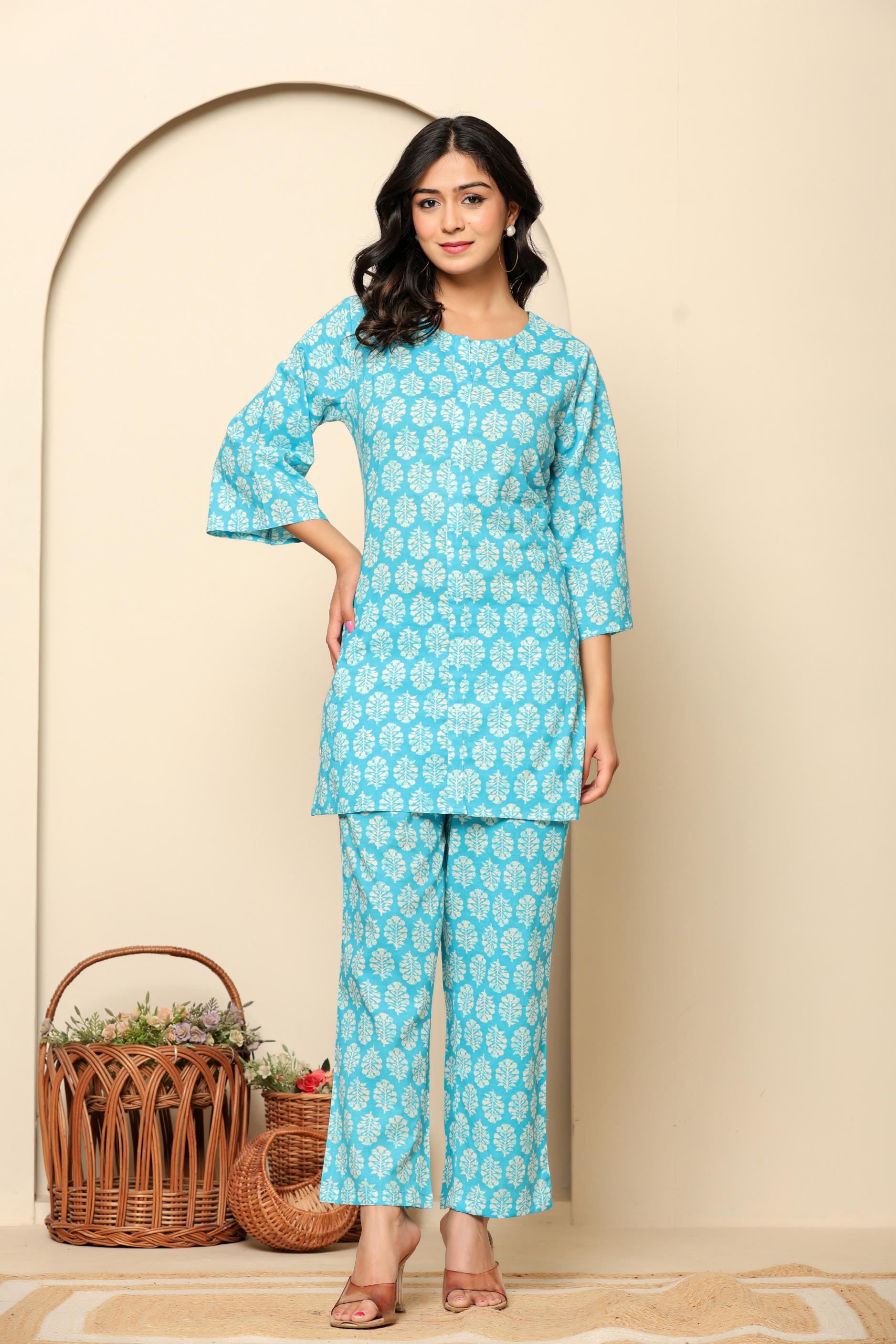 Sky Blue Printed Cotton Coord Set - qivii