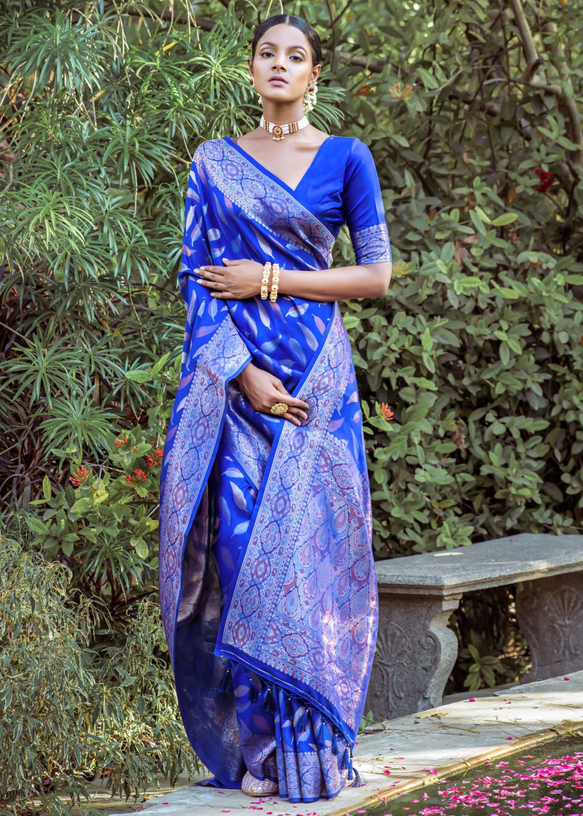 Admiral Blue Zari Woven Silk Saree - qivii