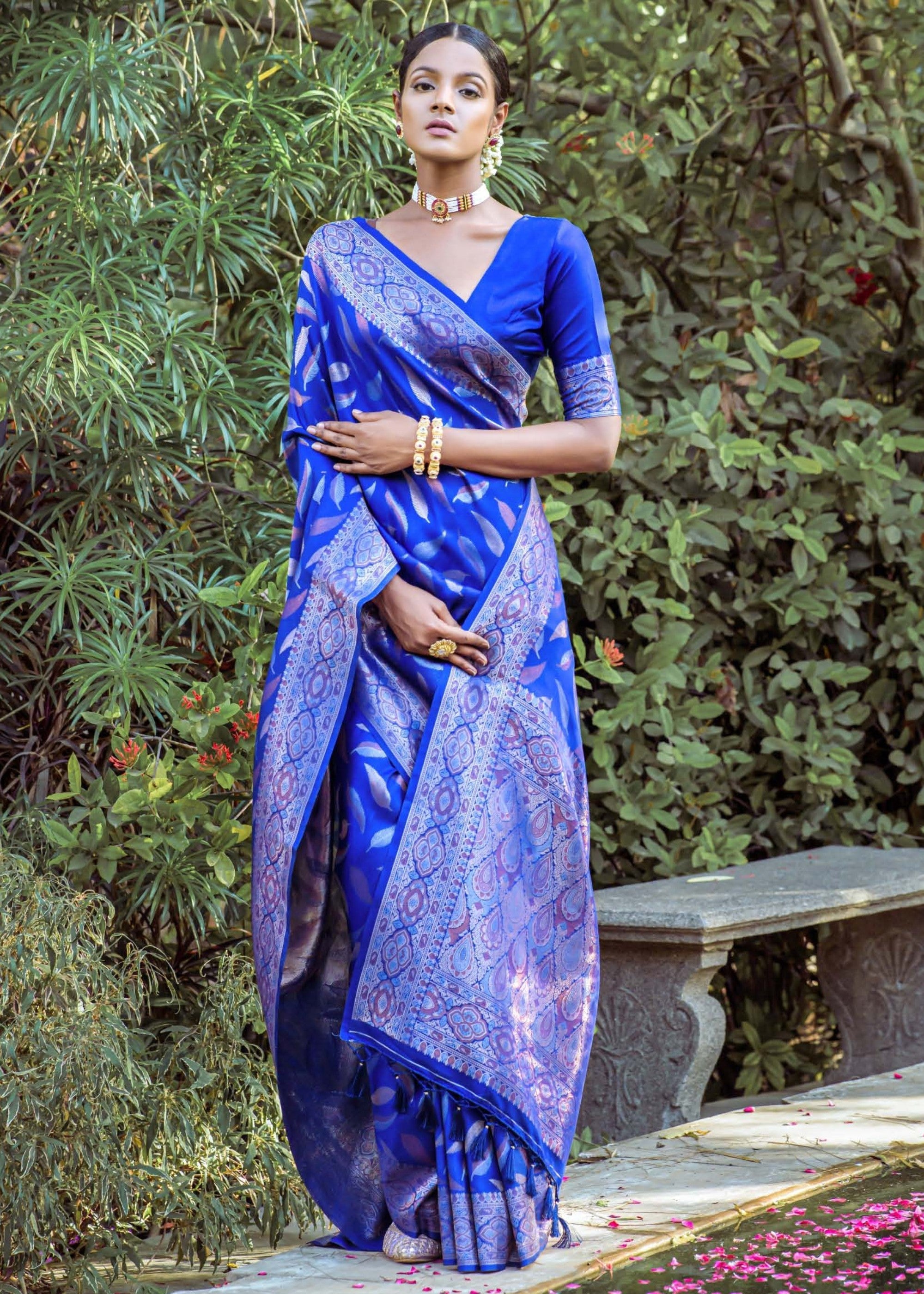 Admiral Blue Zari Woven Silk Saree - qivii