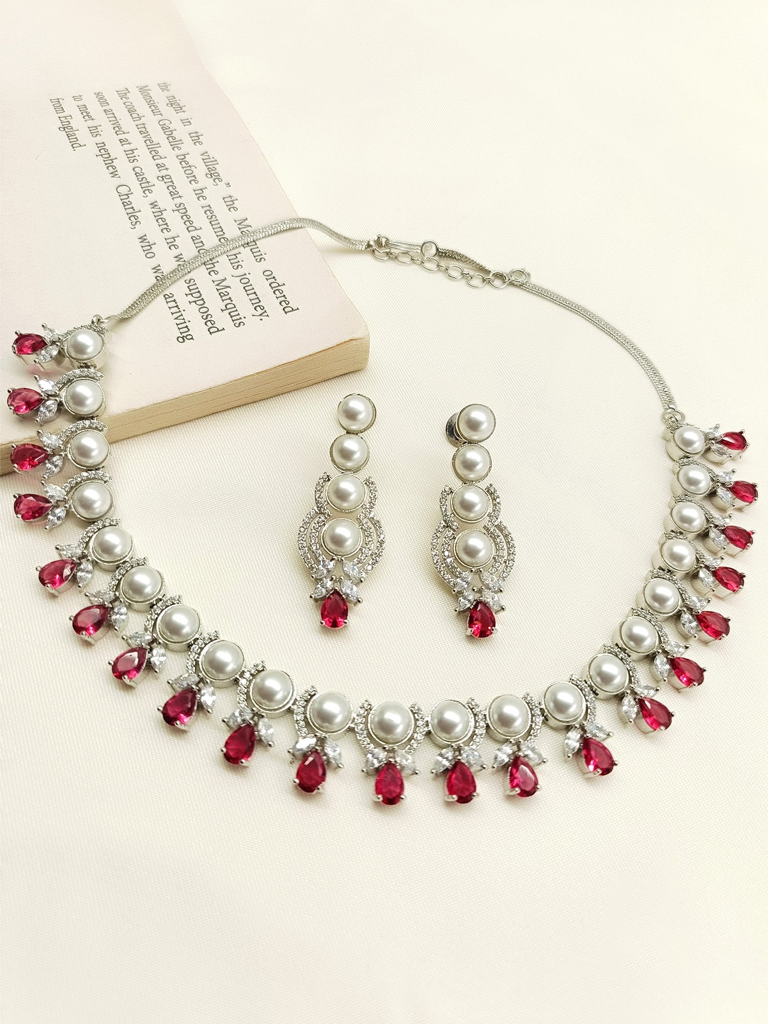 Leena Rose Pink American Diamond Necklace Set with Silver Plated Brass Metal Chain and Pearl Detailing