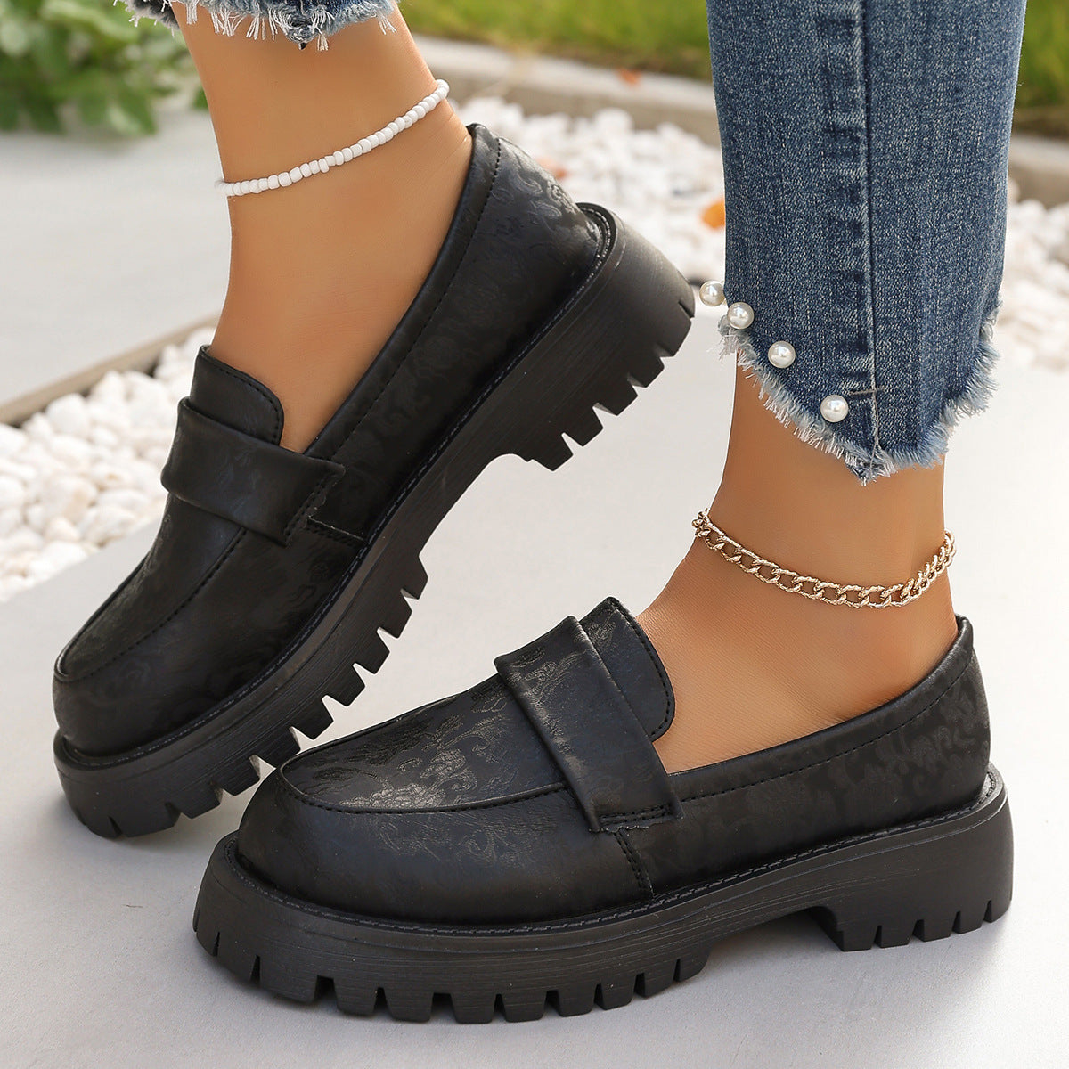 Women's Plus Size Premium Printed Platform Leather Loafers Casual Slip-On with Chunky Heel