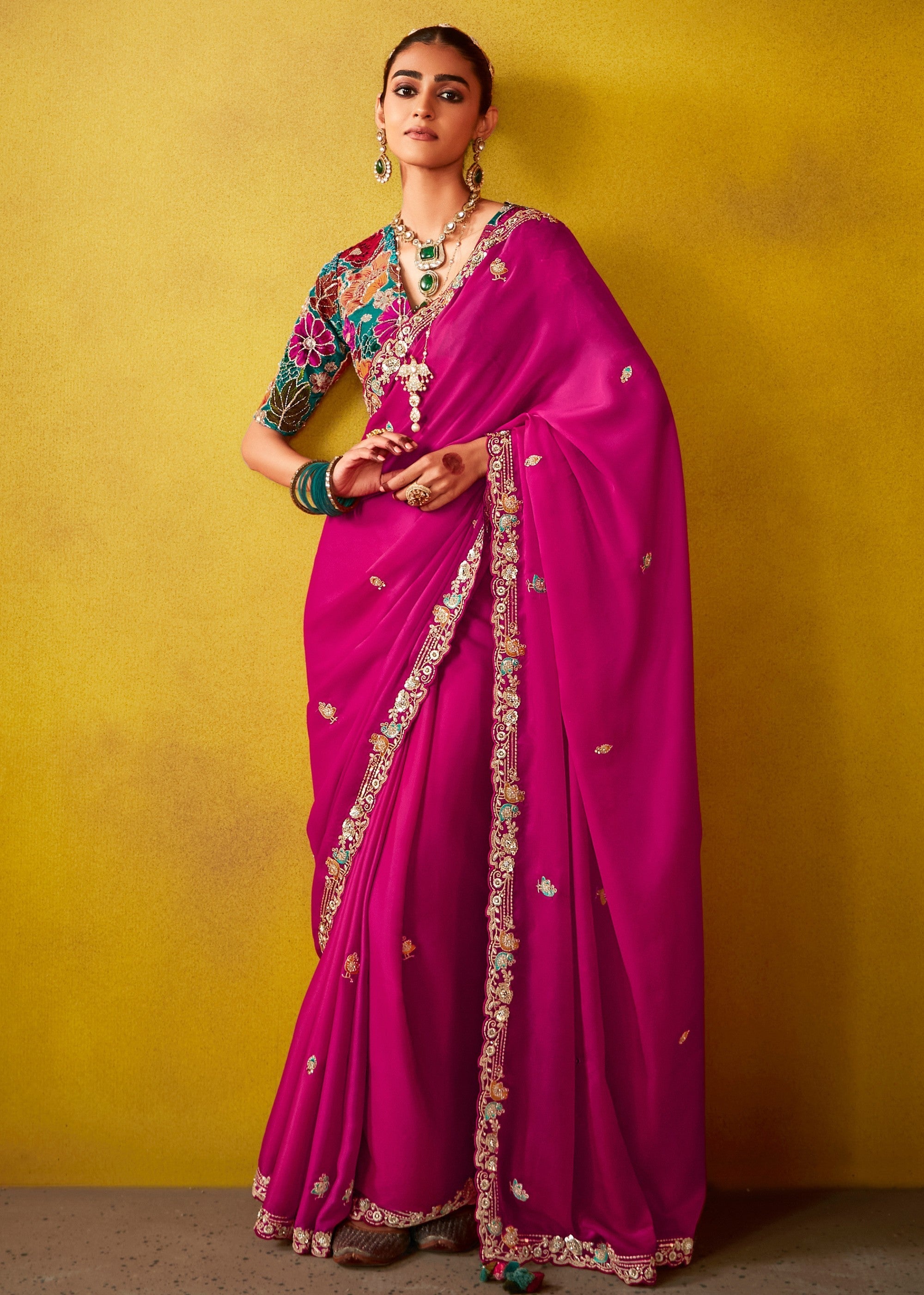 Barbie Pink Glass Tissue Silk Saree With Sequins And Thread Embroidered Work - qivii