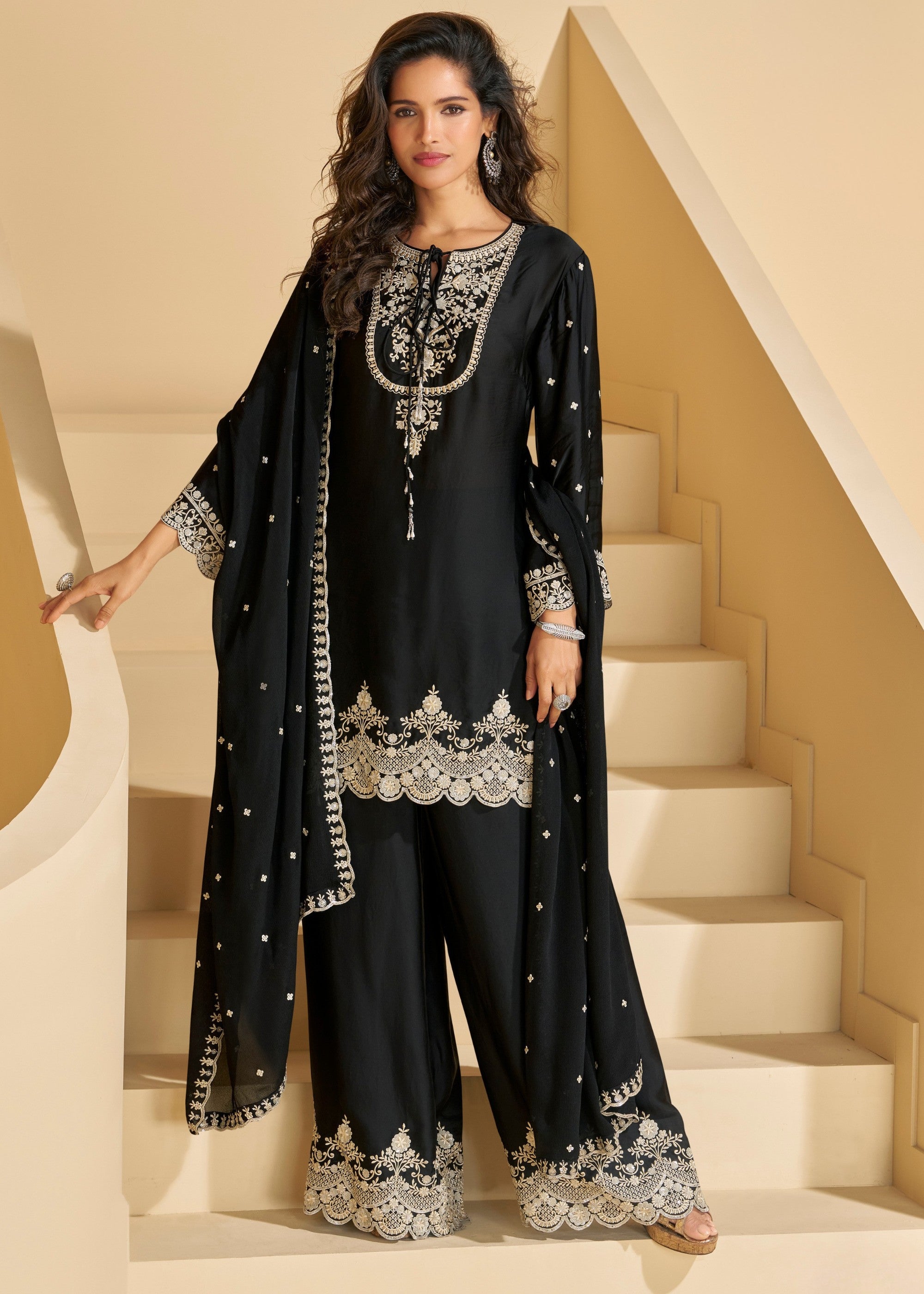 Black Premium Real Chinnon Silk Heavy Look Salwar Suit - qivii