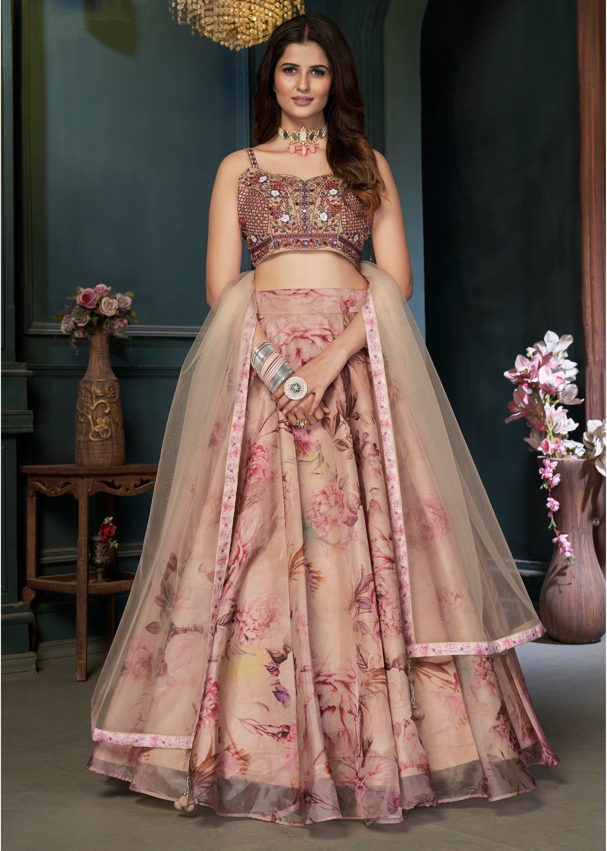 Multi Colour Digital Print and Handwork Organza Silk Lehenga | Ready To Wear - qivii