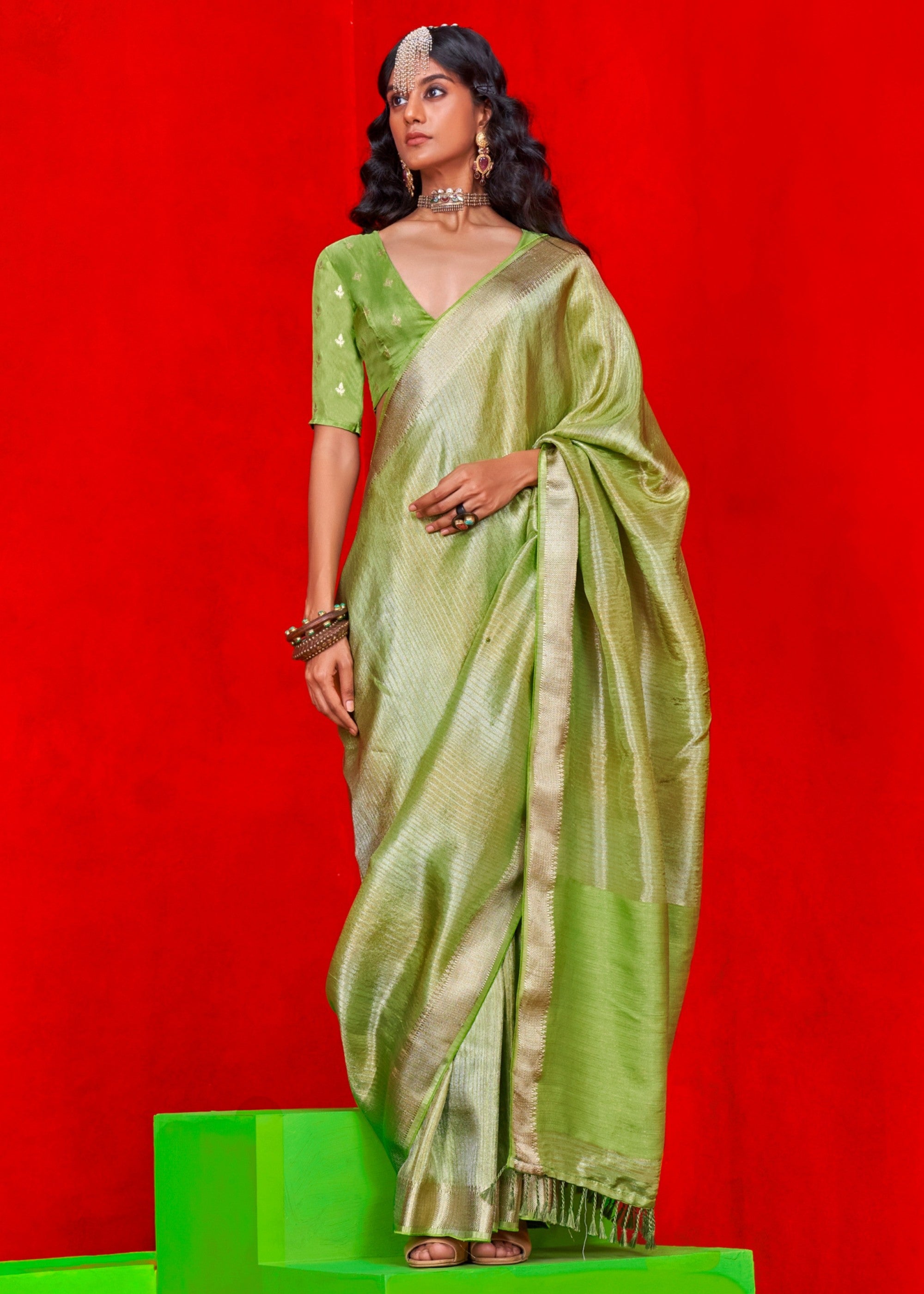 Green Pure Viscose Zari Tissue Saree - qivii