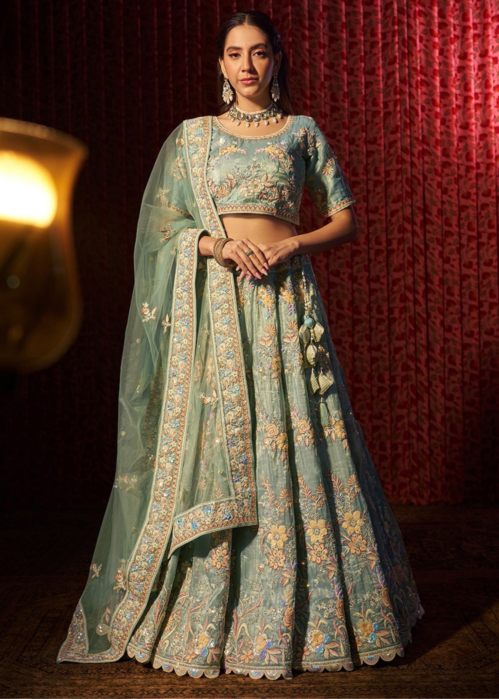 Torquise Dori Sequins Thread work Organza Lehenga | Ready To Wear - qivii