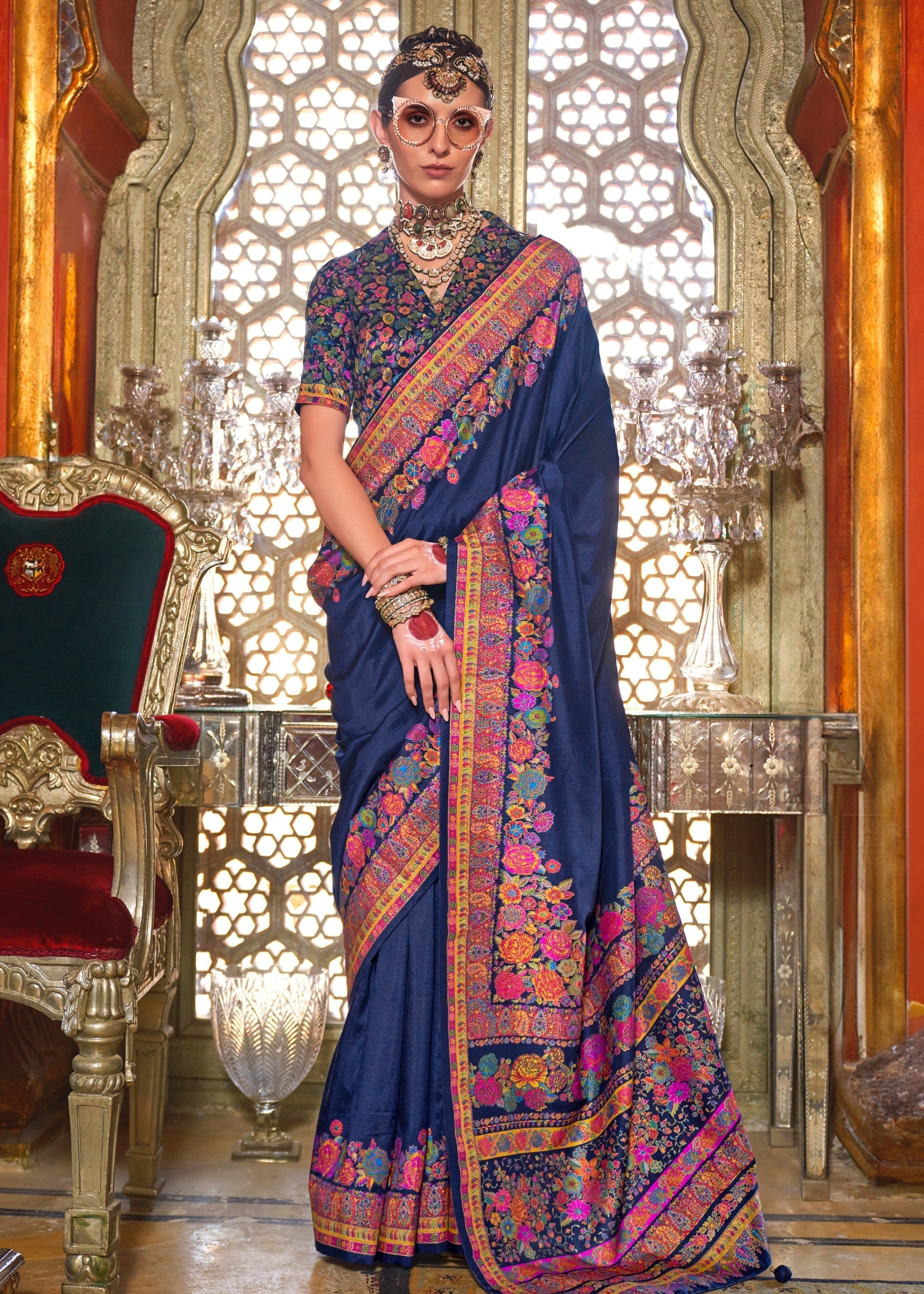 Astros Navy Blue Silk Saree With Luxury Print And Glory Finish - qivii