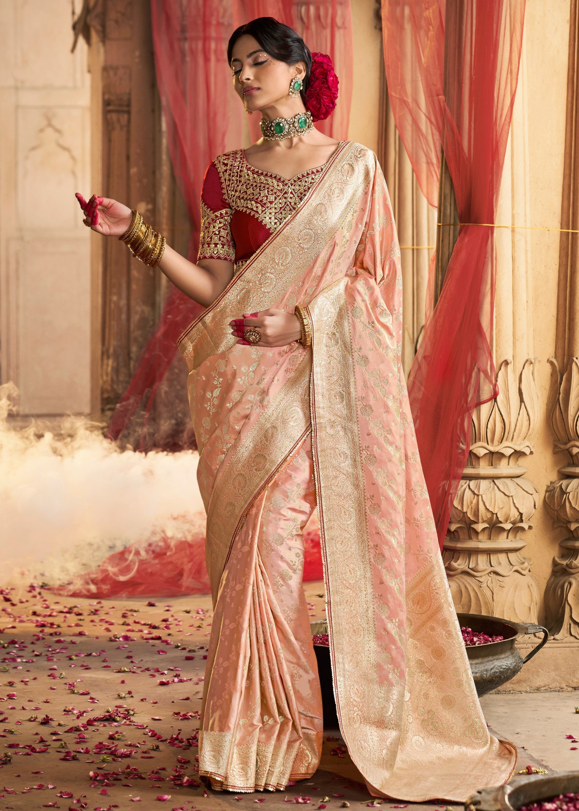 Peach Satin Silk Saree With Beautiful Lace Border And Heavy Designer Embroidered Blouse - qivii