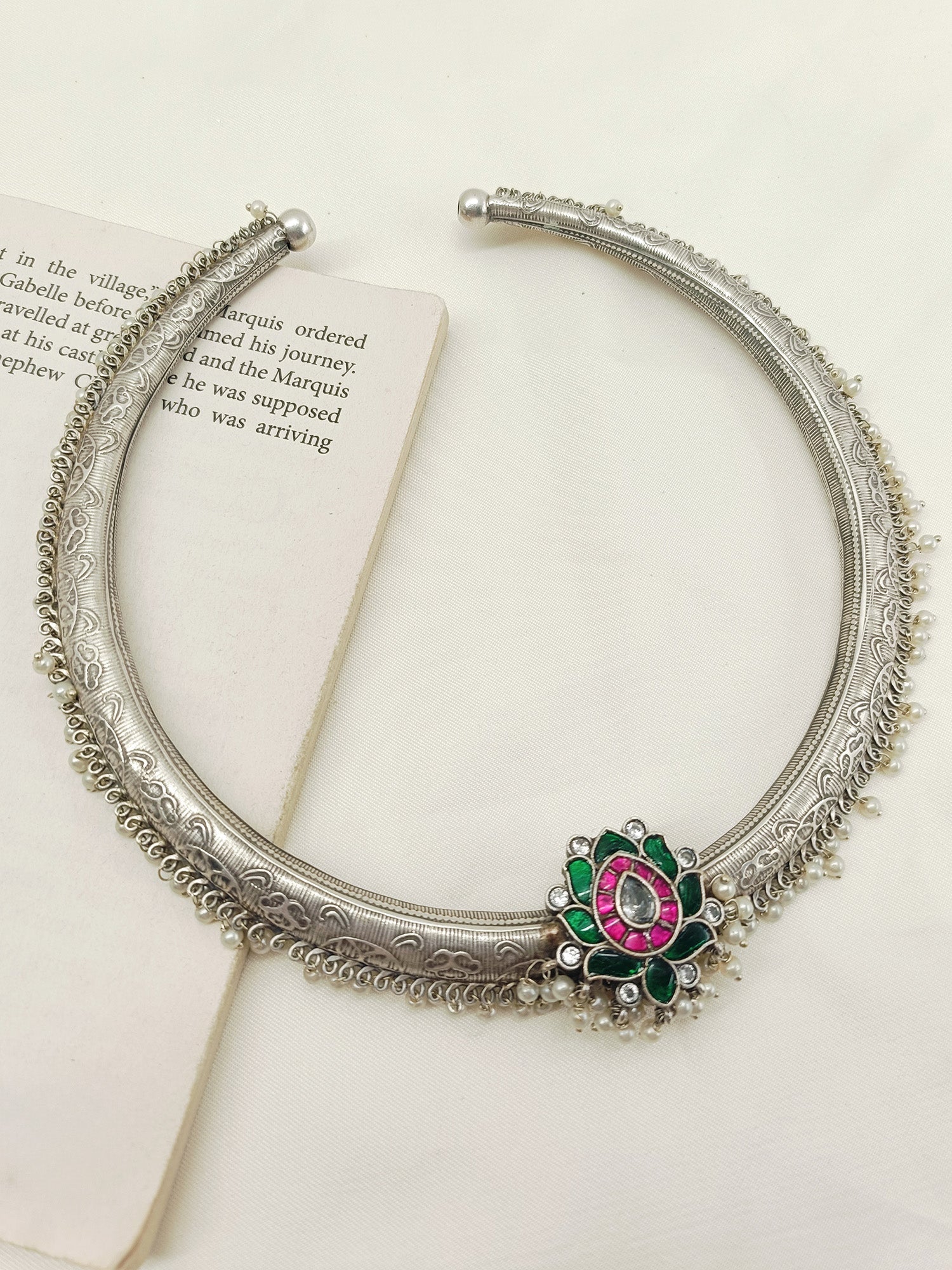 Chahak M & G Lotus Flower Oxidized Neckpiece - qivii