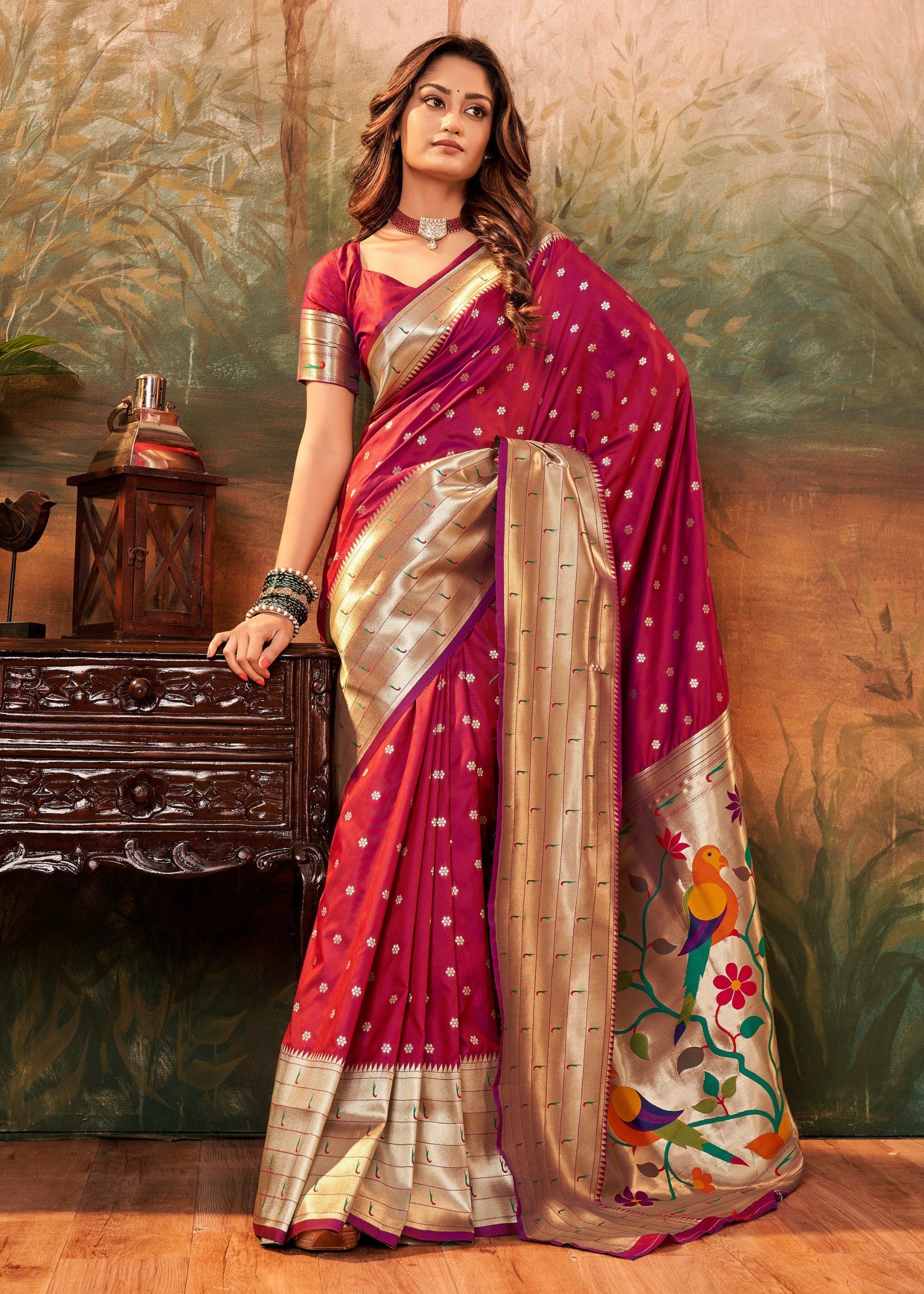 Burgundy Red Paithani Silk Saree With Zari Weaving - qivii