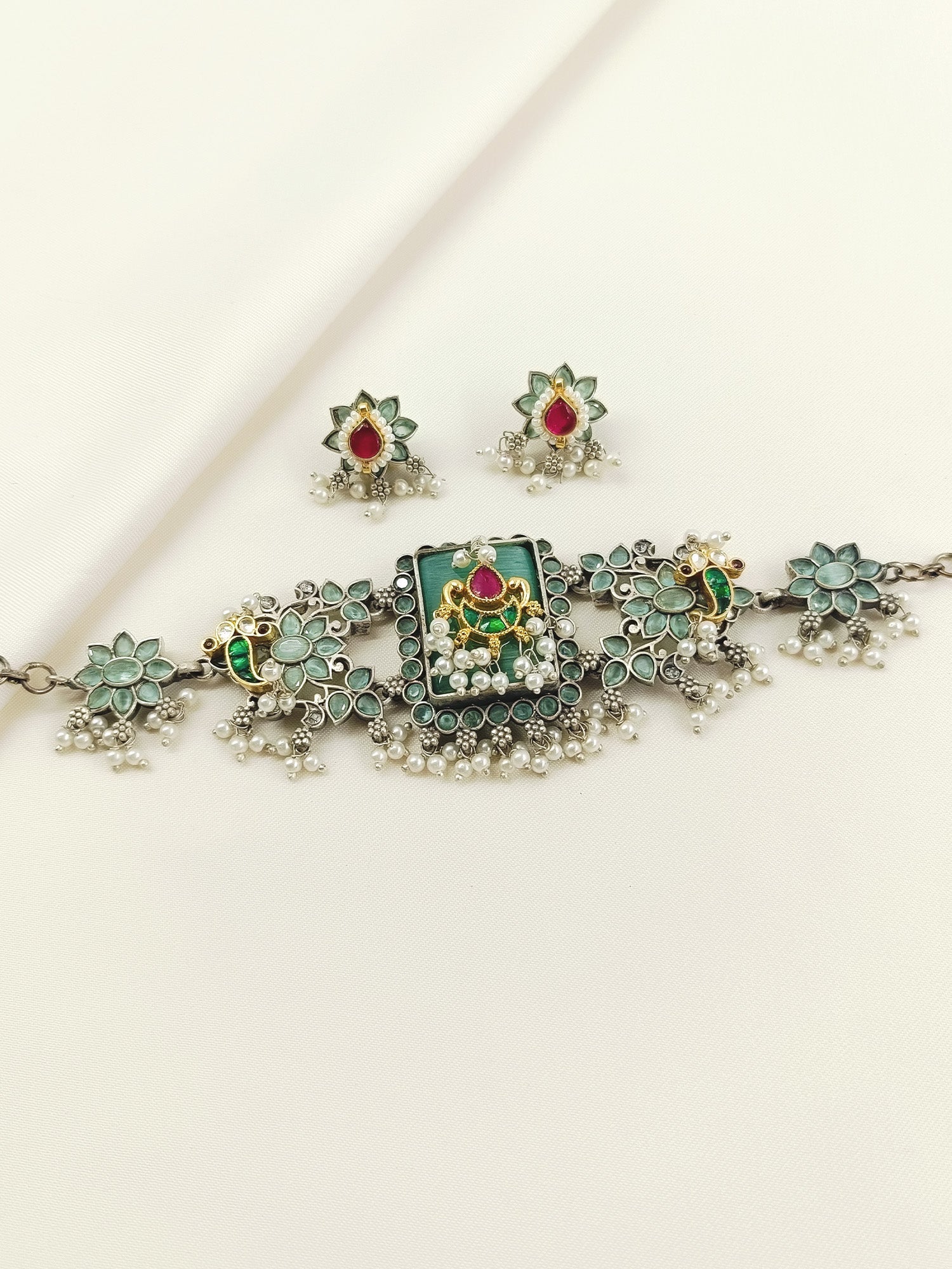 Noshin Mint Green Oxidized Choker Set
