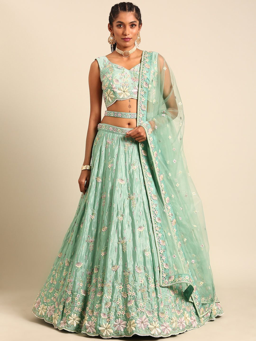 Seagreen - Georgette Sequins with Heavy Zarkan Embroidery Lehenga choli