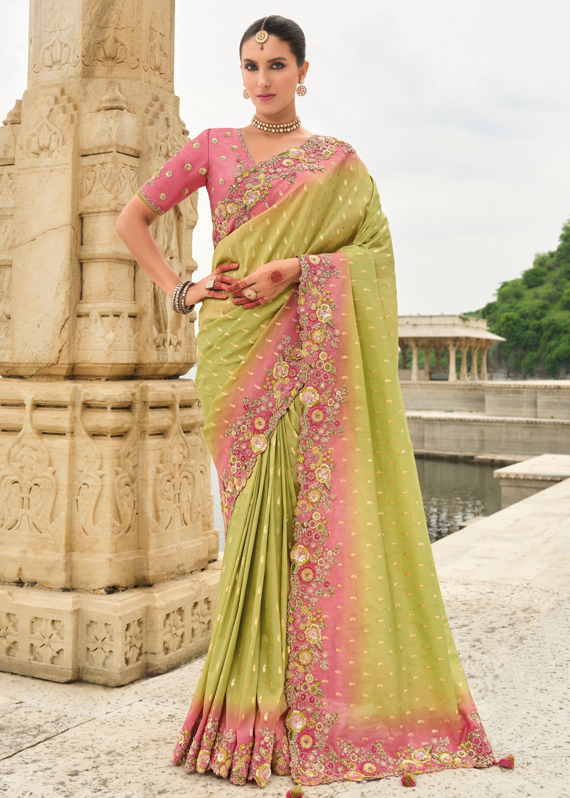 Volt Green Viscose Tissue Silk Saree With Embroidery Cut Work Border And Sequence Work - qivii