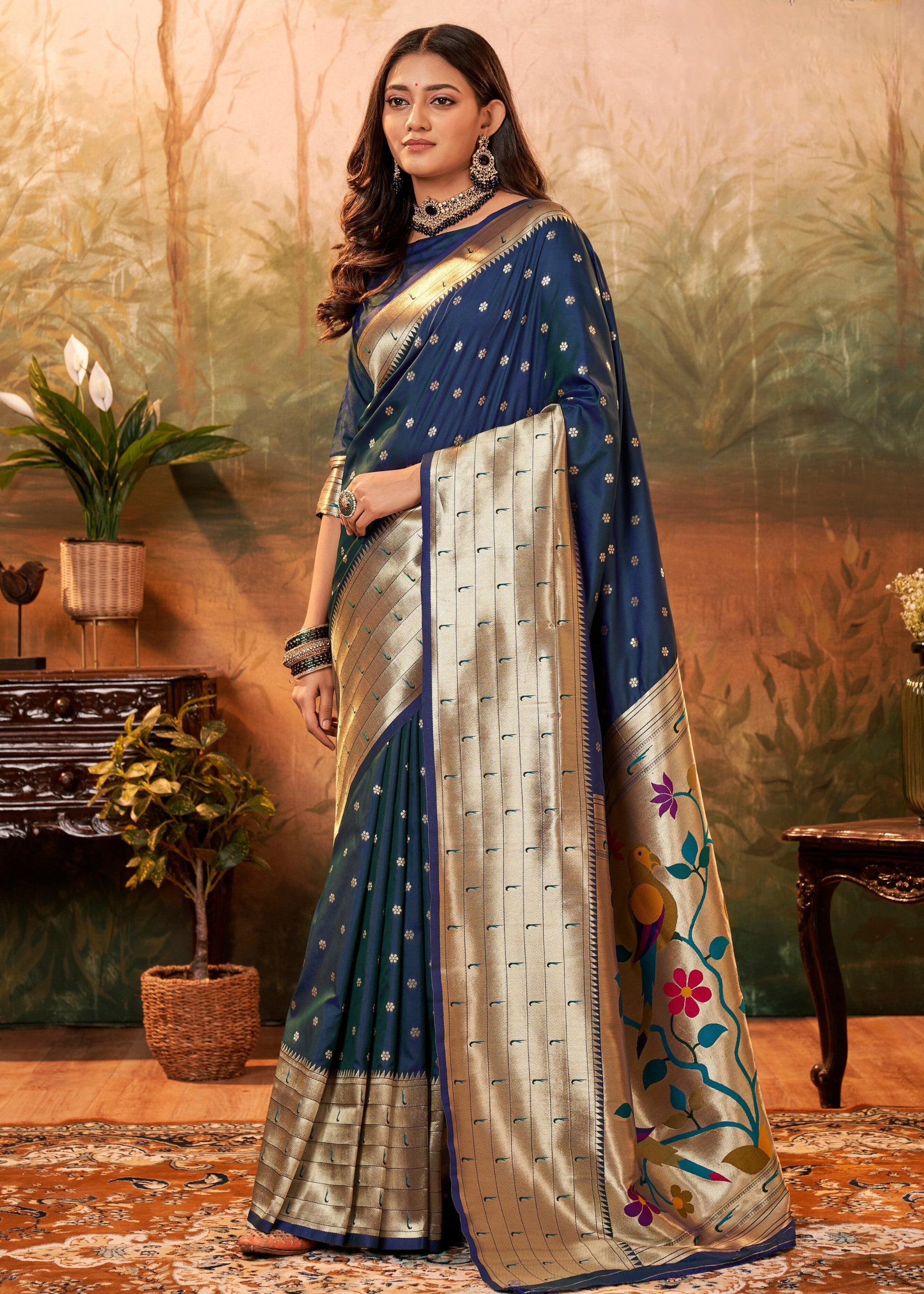 Royal Blue Paithani Silk Saree With Zari Weaving - qivii