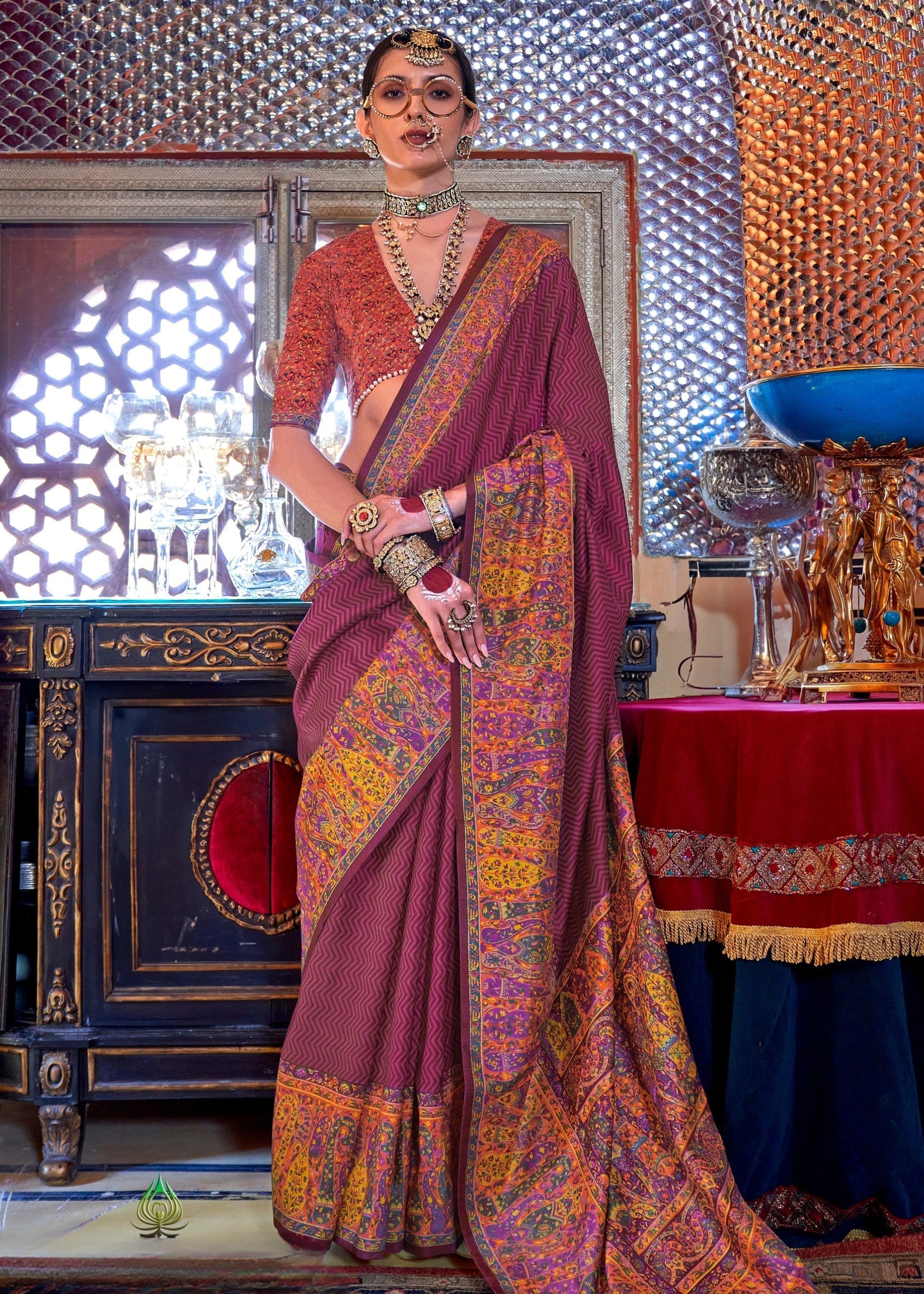 Wine Red Silk Saree With Beautiful Print - qivii