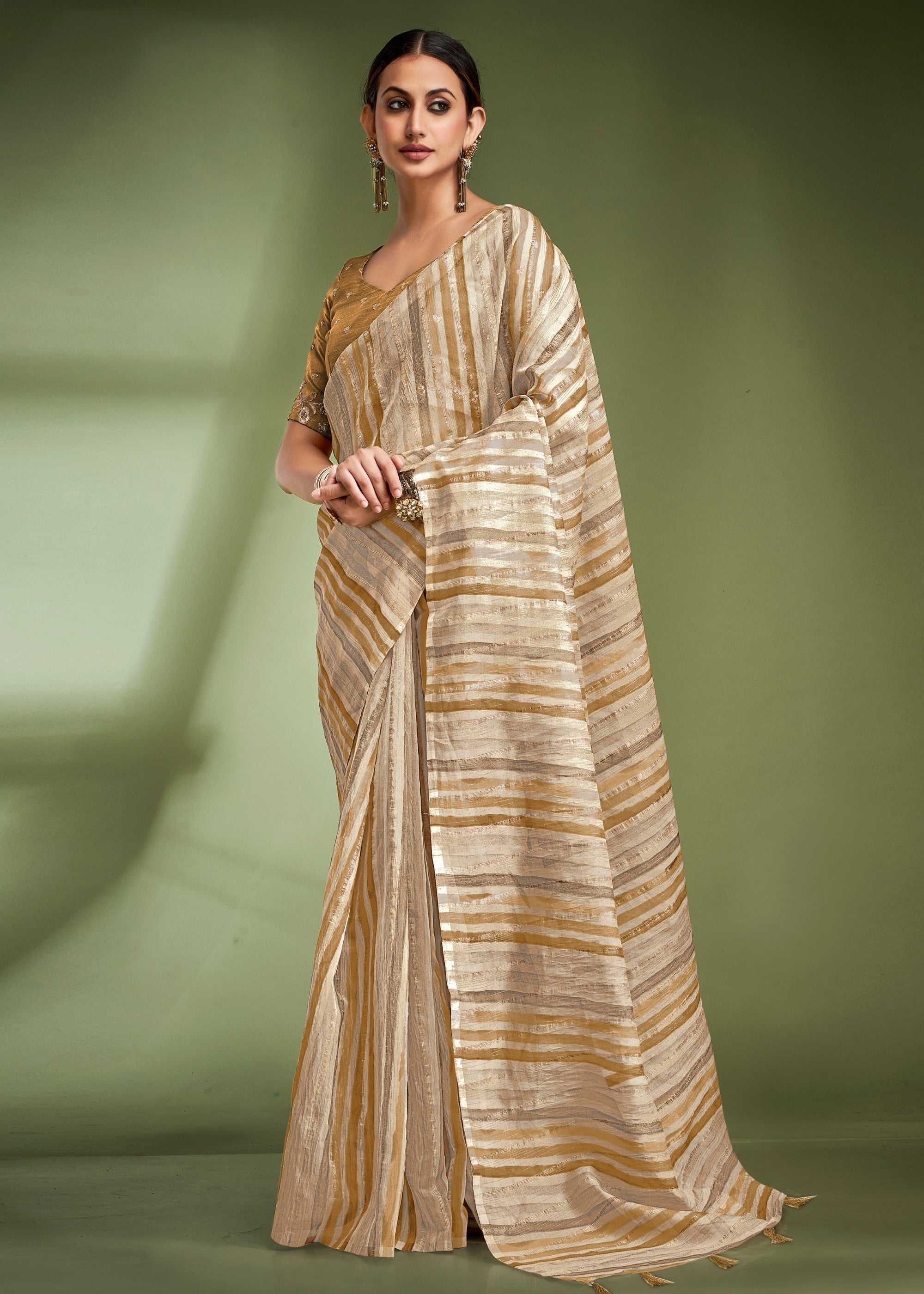 Golden Brown Tissue Based Fancy Silk Saree With Designer Blouse - qivii