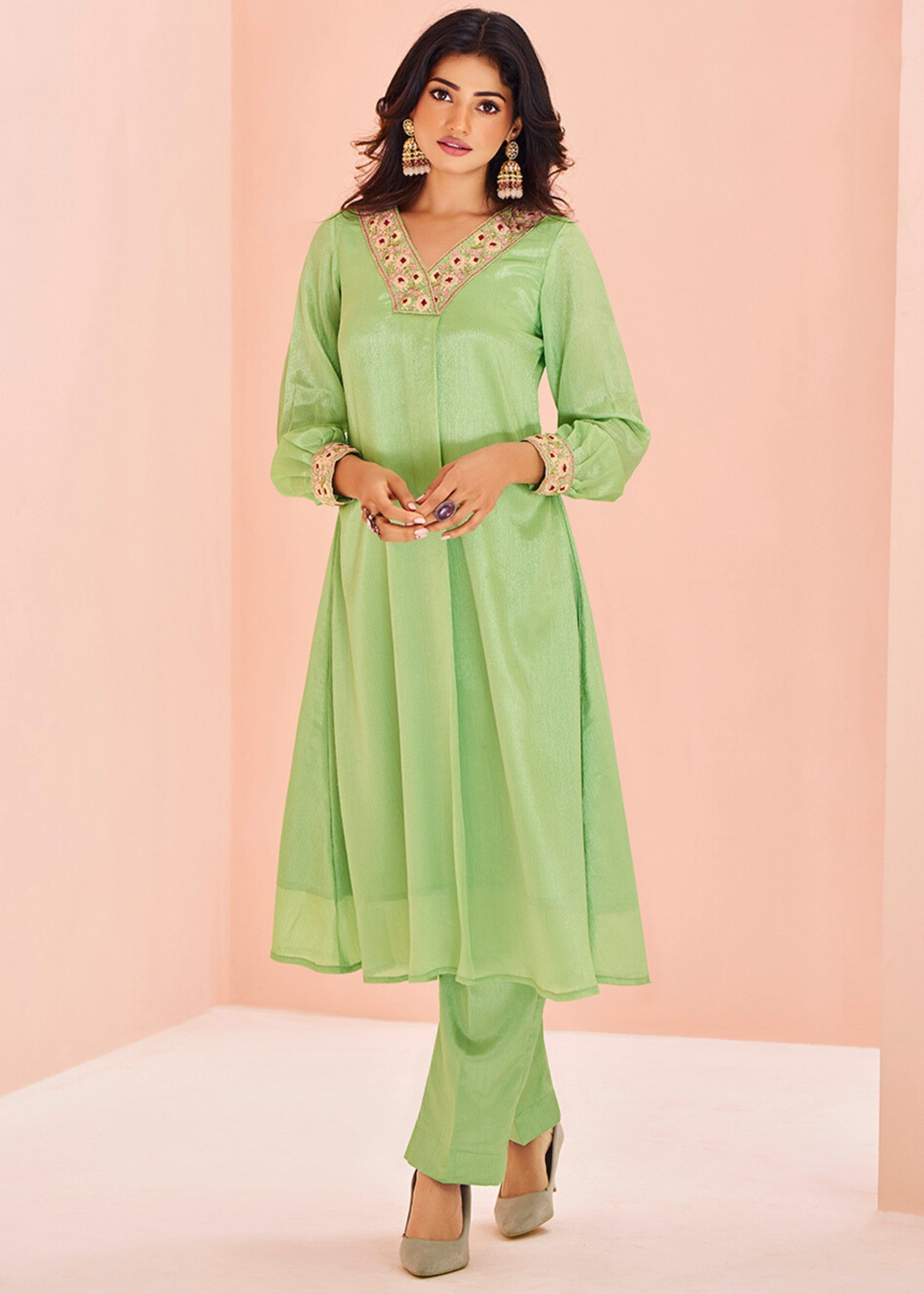 Chinon Green Handwork Kurta with Pant - qivii