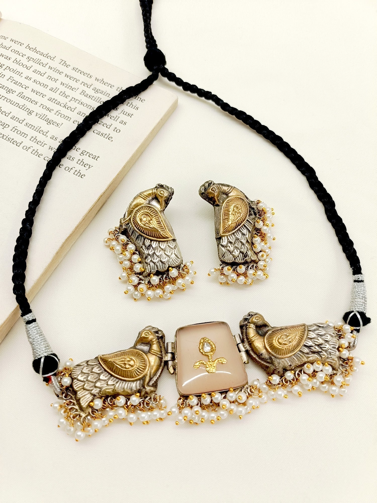 Bulan Copper Peacock Oxidized Choker Set - qivii