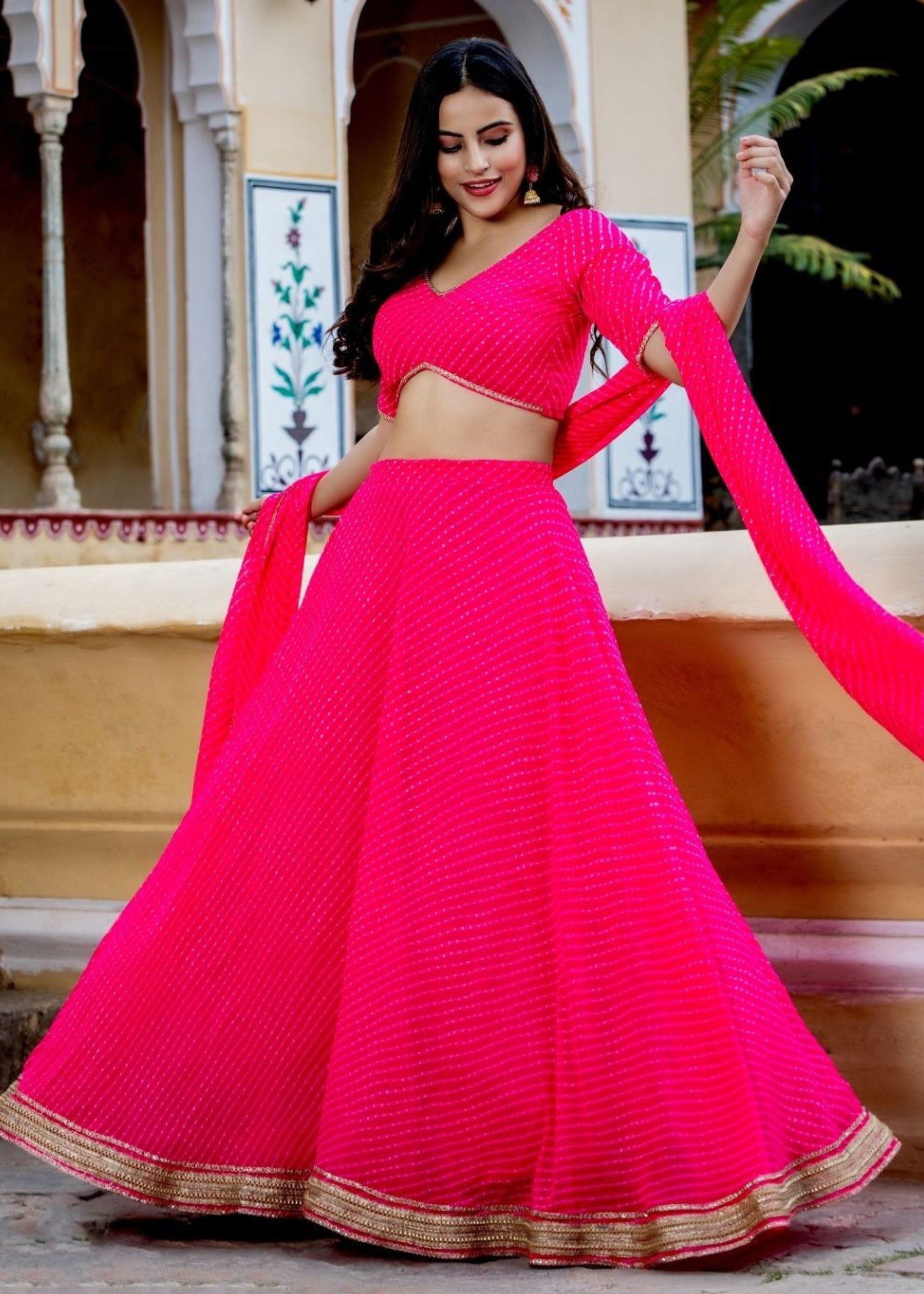 Hot Pink Georgette Leheriya Print Lehenga With Zari And Lace Work | Ready To Wear - qivii